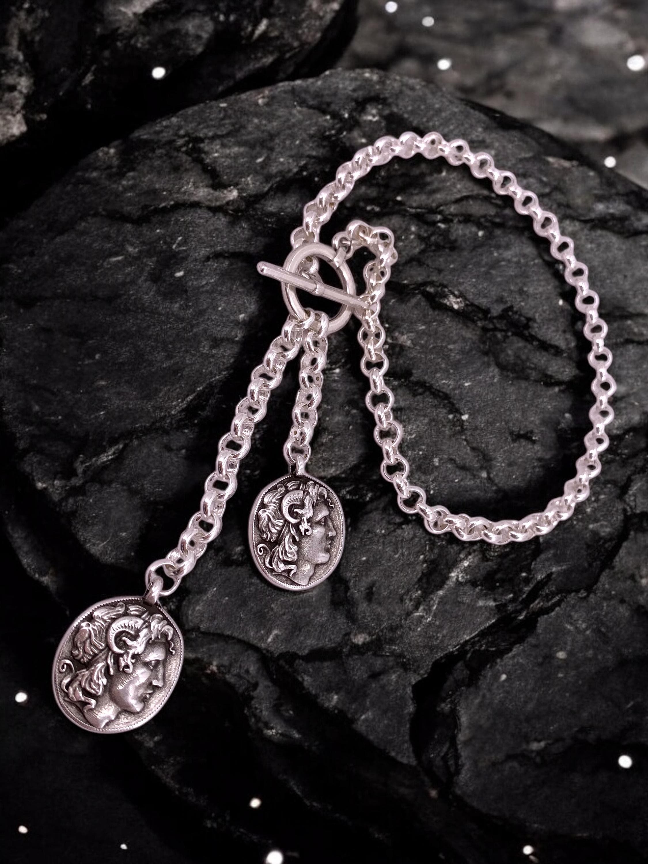 Chunky Silver Lariat Necklace – Greek Coin Pendants – Toggle Clasp – Handmade Kukuri Jewelry