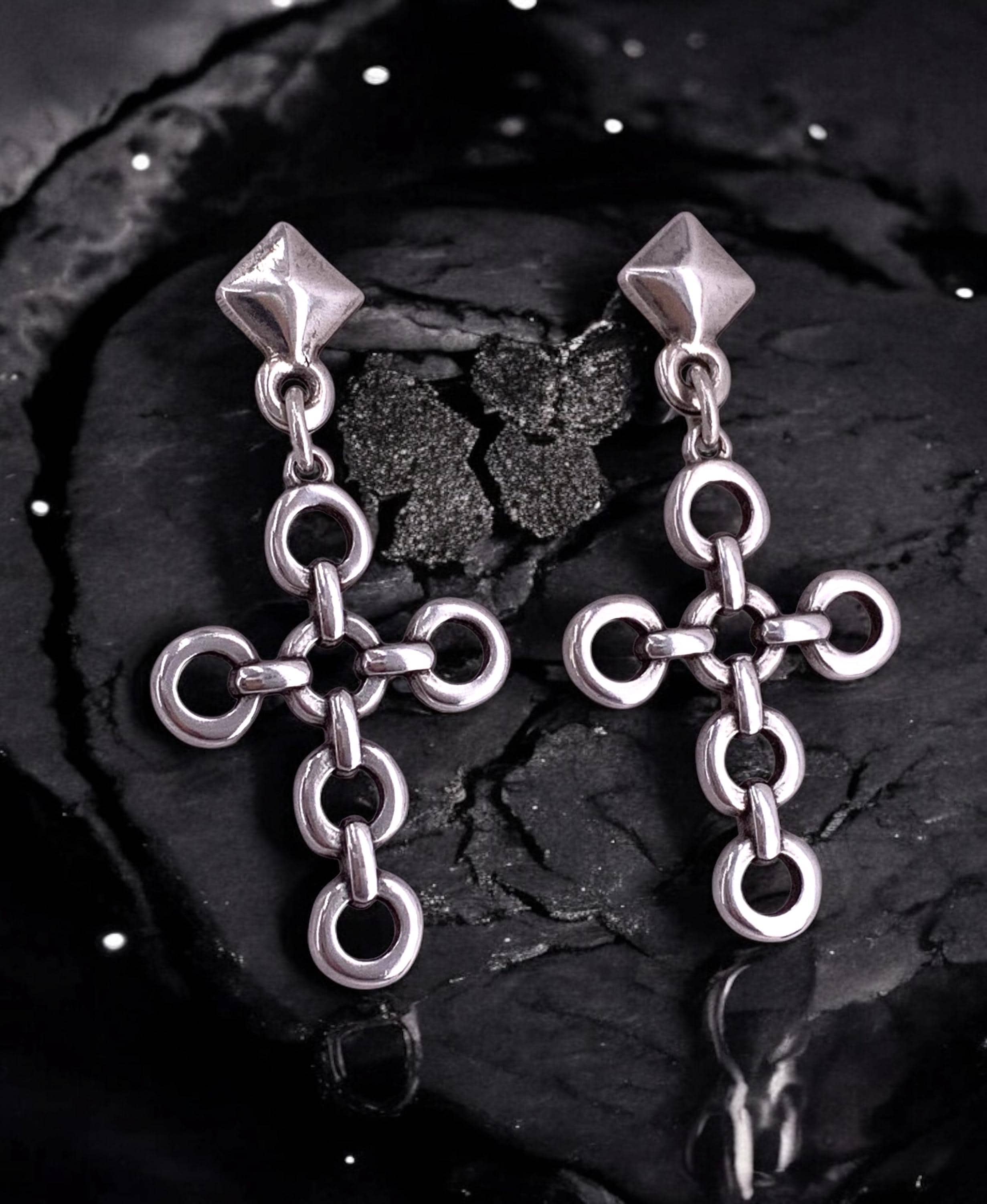 Chunky Silver Cross Earrings, Oversized Chain Link Design, artisian Jewelry