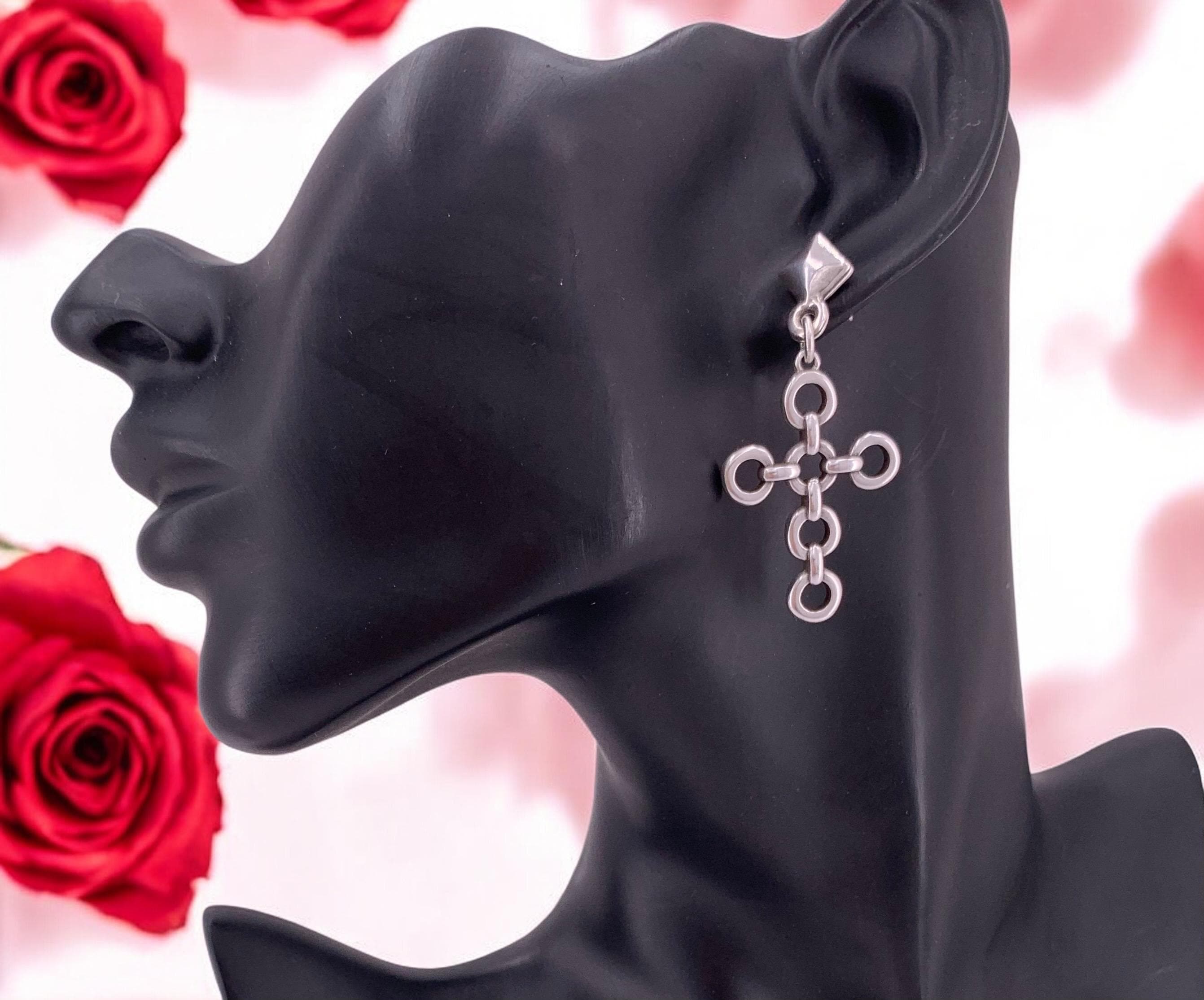 Chunky Silver Cross Earrings – Oversized Chain Link Design – Statement Jewelry – Kukuri Jewelry