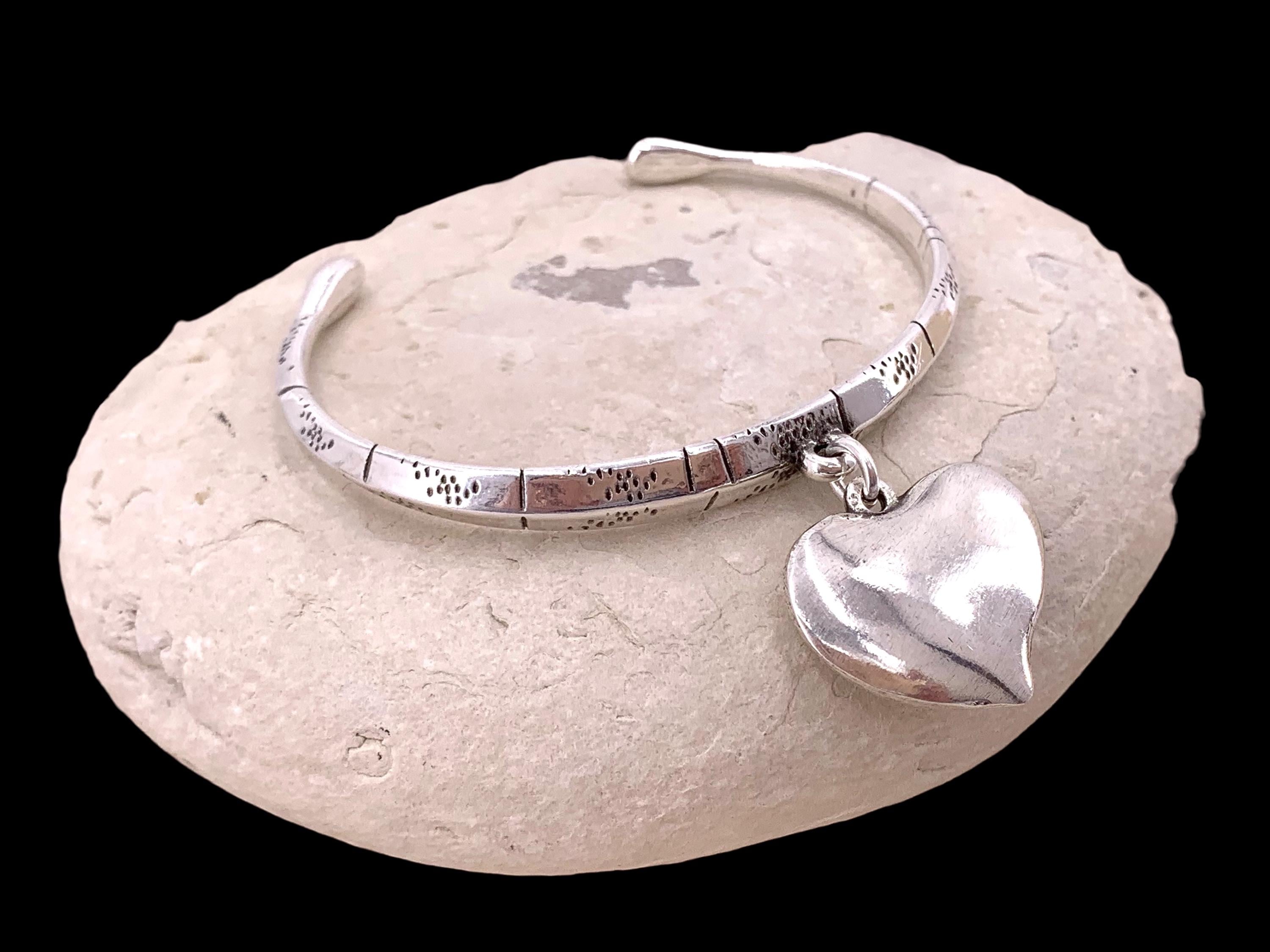 Silver Engraved Cuff Bracelet – Padlock or heart Pendant – Rigid Open Bangle - Bold Kukuri Jewelry