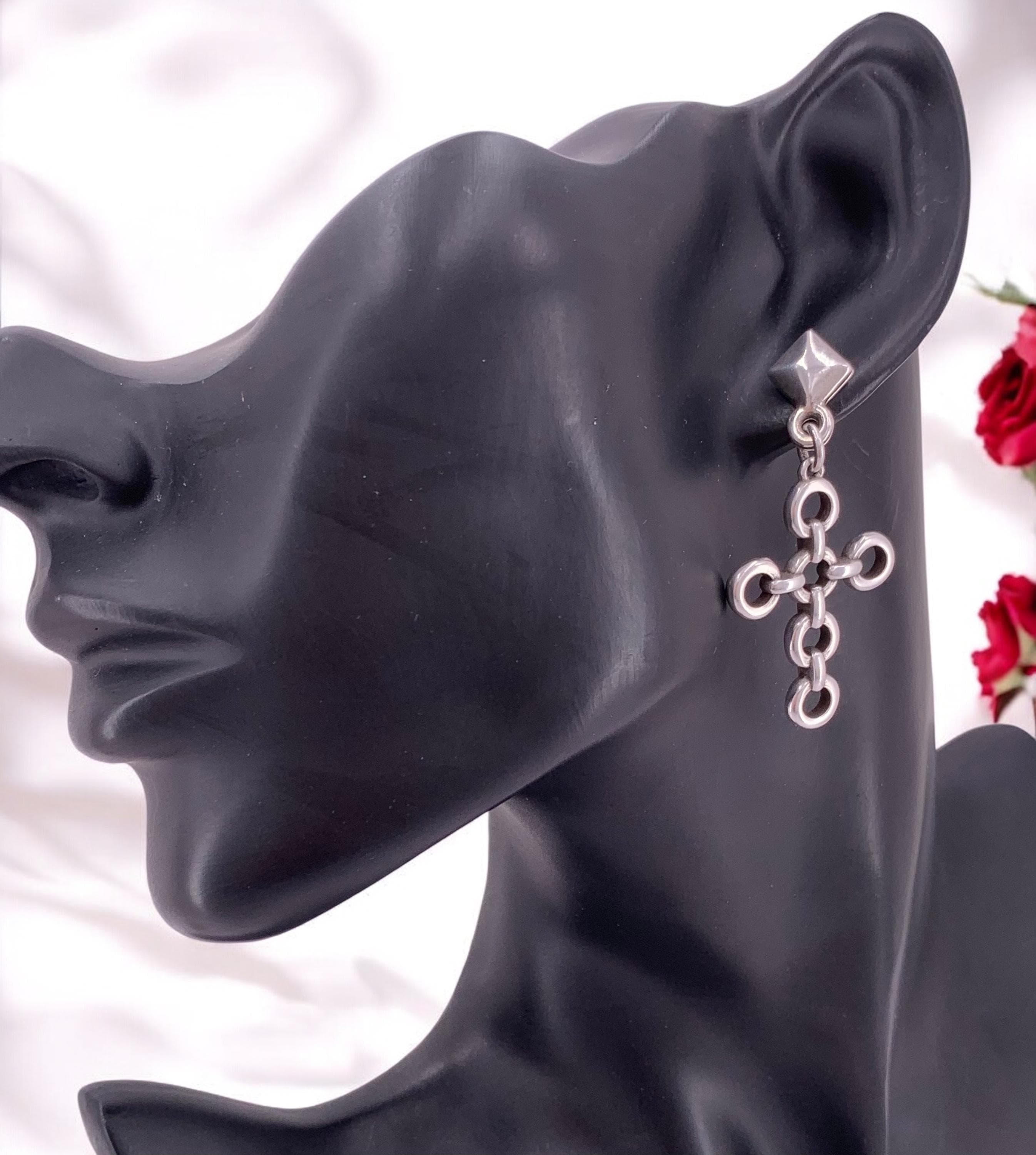 Chunky Silver Cross Earrings, Oversized Chain Link Design, artisian Jewelry
