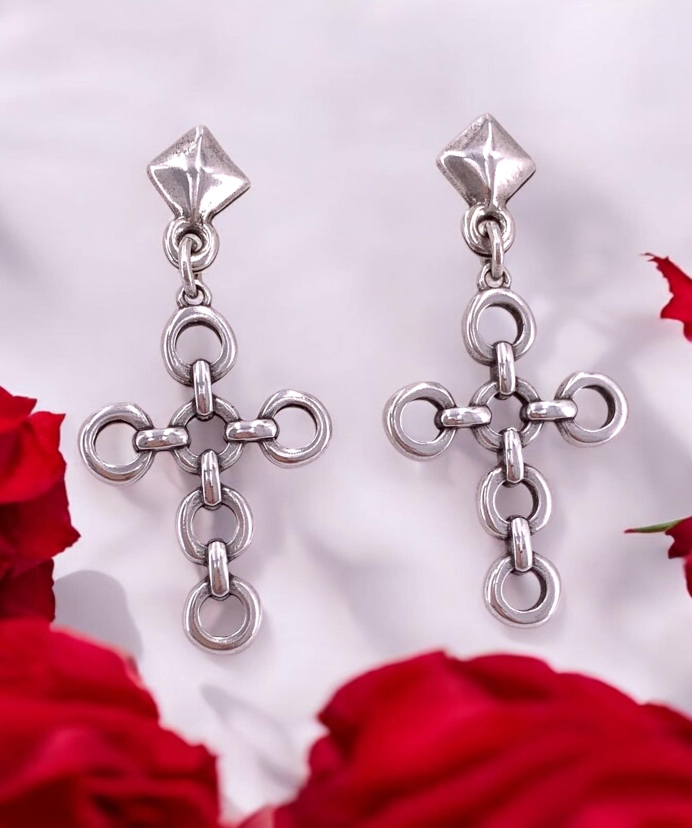 Chunky Silver Cross Earrings, Oversized Chain Link Design, artisian Jewelry