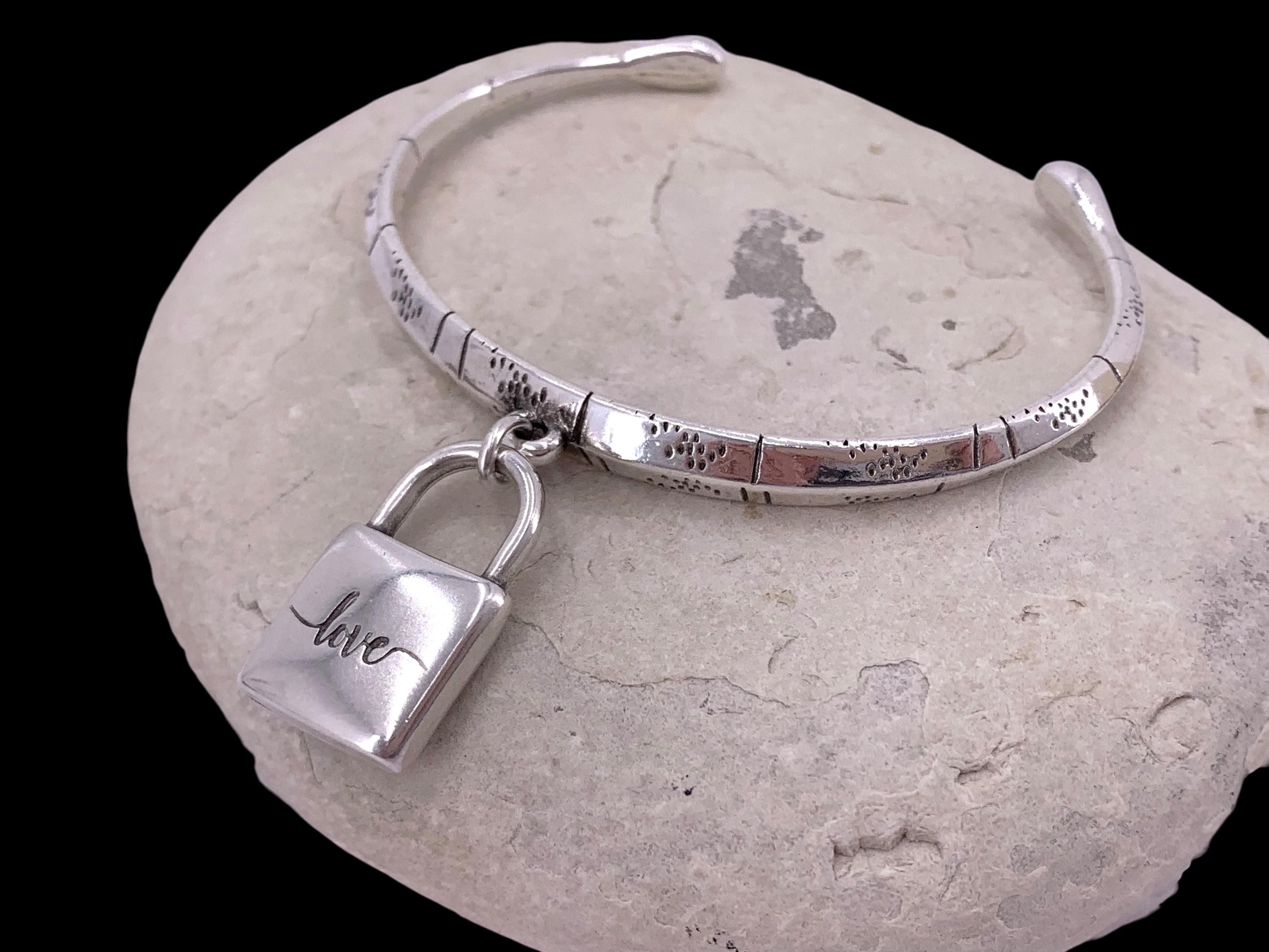 Silver Engraved Cuff Bracelet – Padlock Pendant – Rigid Open Bangle - Bold personalized Kukuri jewelry