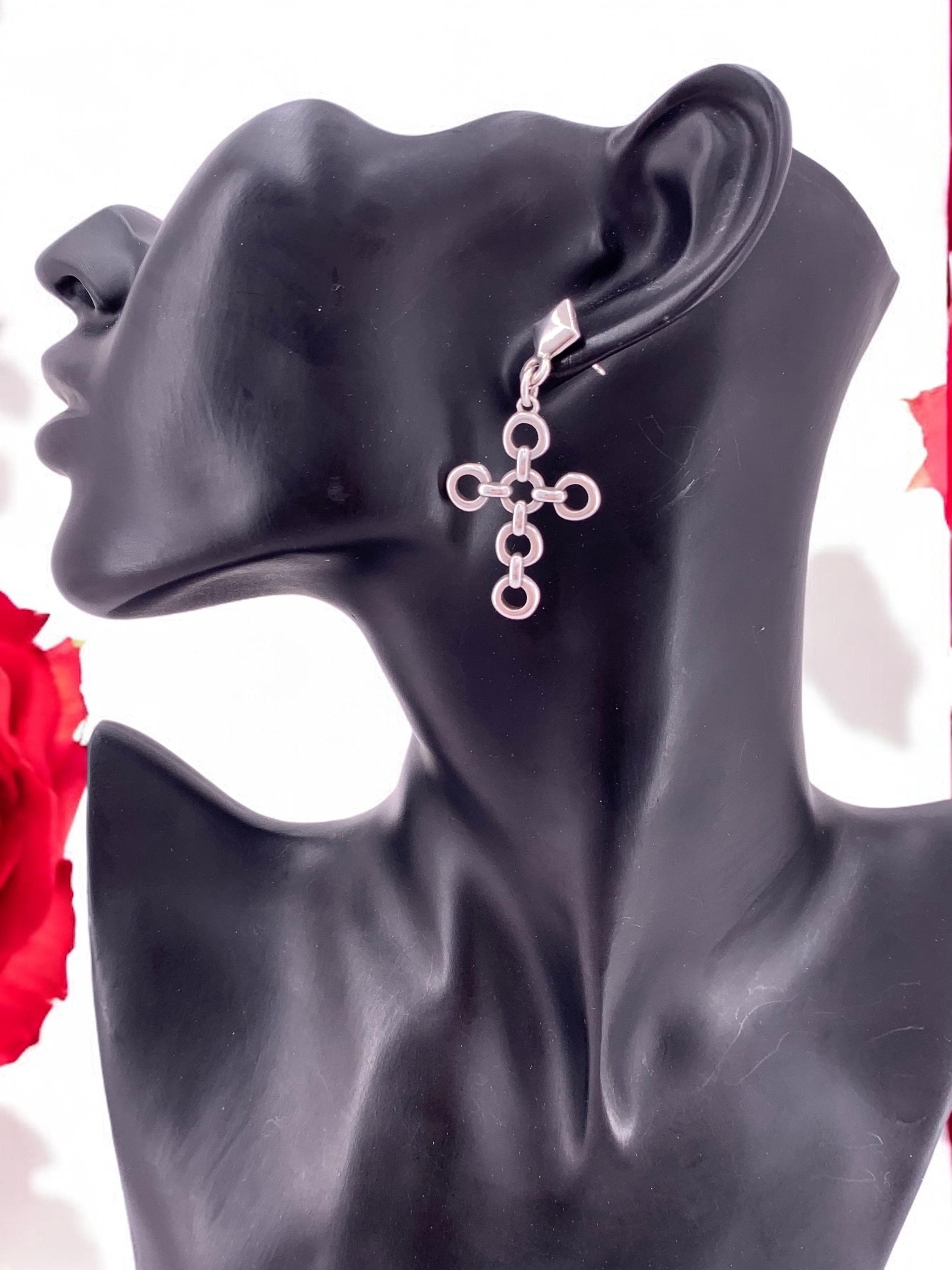 Chunky Silver Cross Earrings, Oversized Chain Link Design, artisian Jewelry