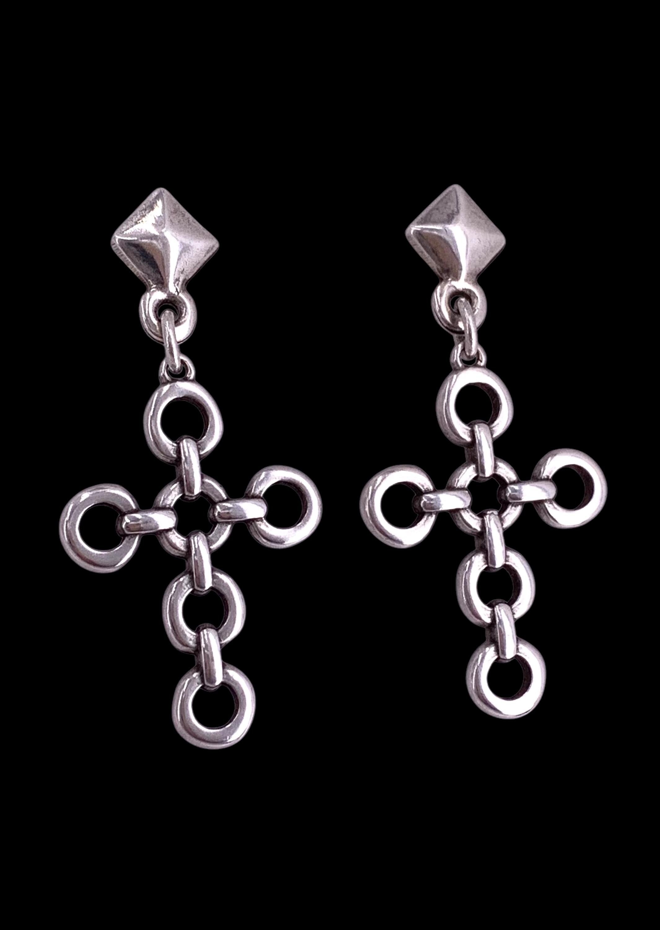 Chunky Silver Cross Earrings, Oversized Chain Link Design, artisian Jewelry