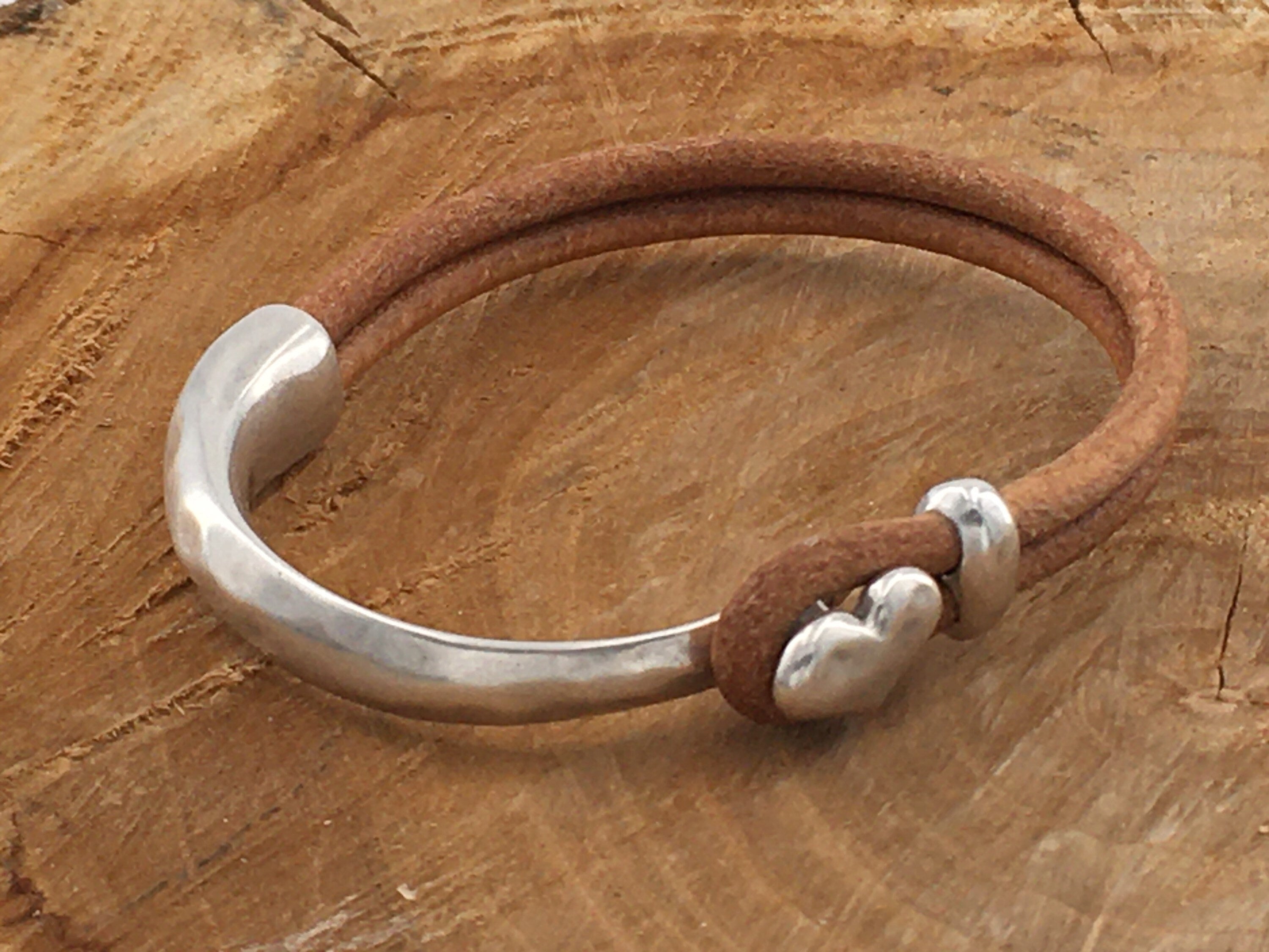 Half cuff leather bracelet for women, silver leather bracelet, heart bracelets, bohemian bracelet, , silver cuff bracelet