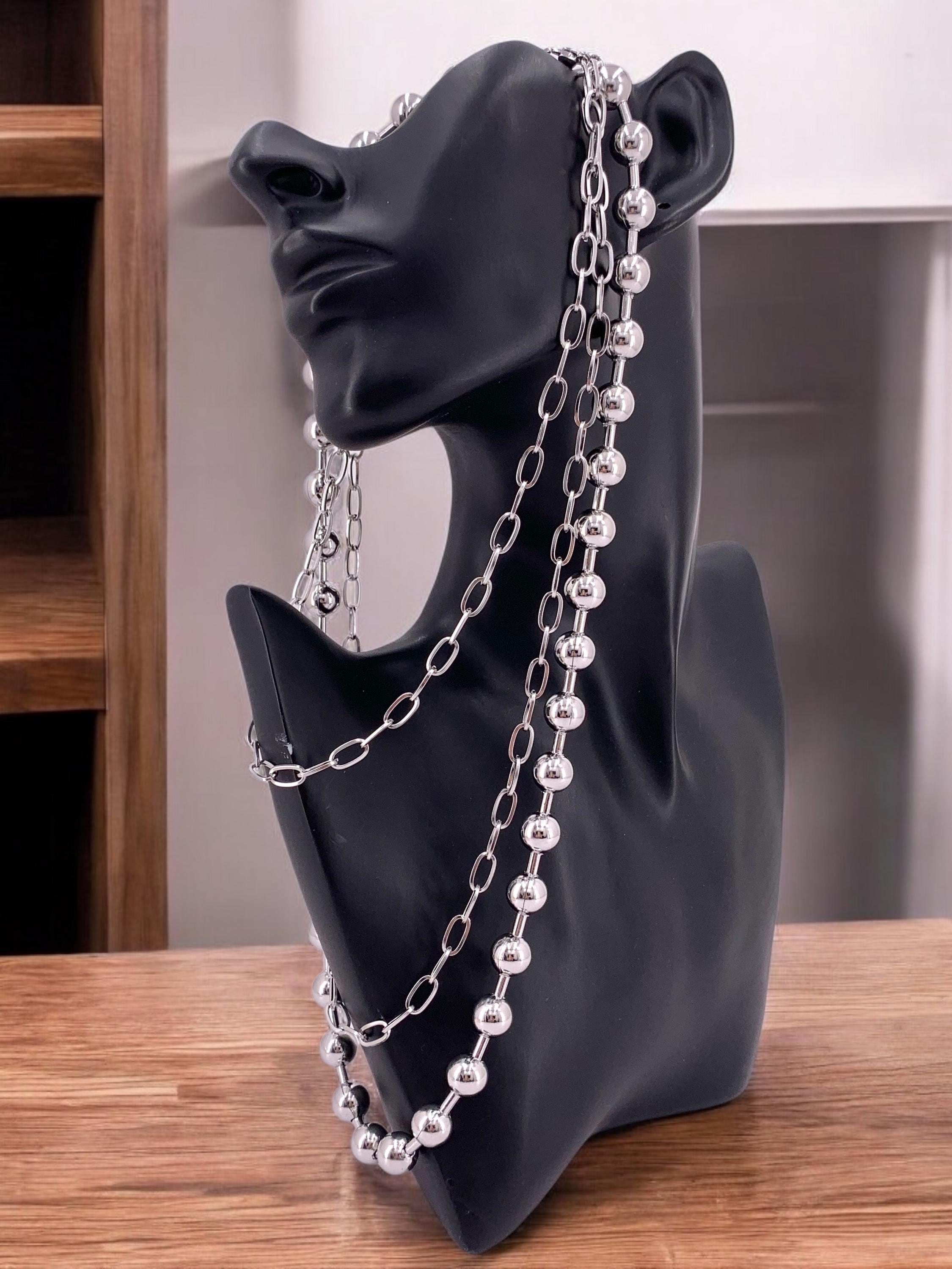 Chunky Multi-Layer Necklace – Black Silver Stainless Steel – Big Ball Chain – Statement Jewelry – Kukuri Jewelry