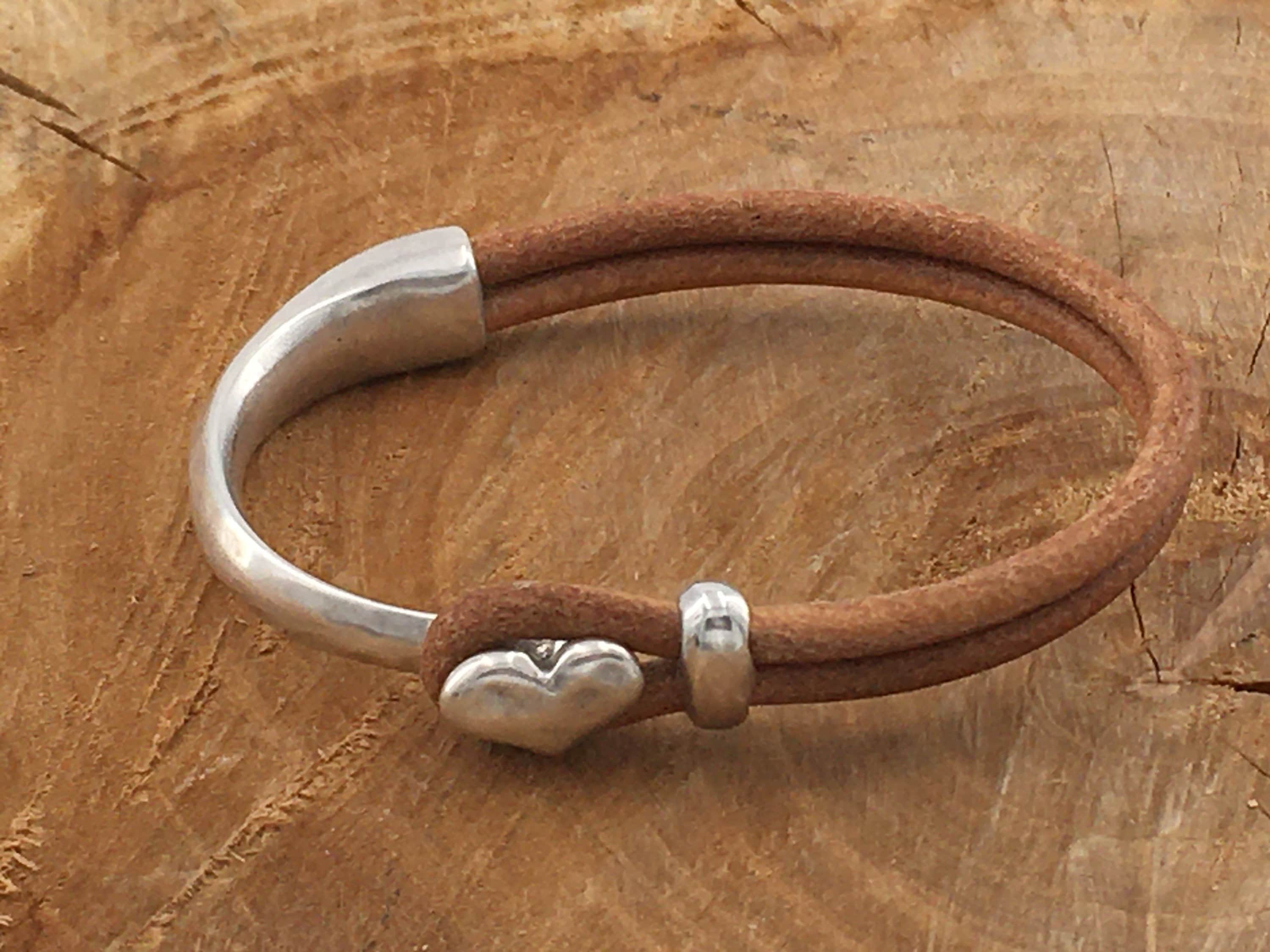 Half cuff leather bracelet for women, silver leather bracelet, heart bracelets, bohemian bracelet, , silver cuff bracelet