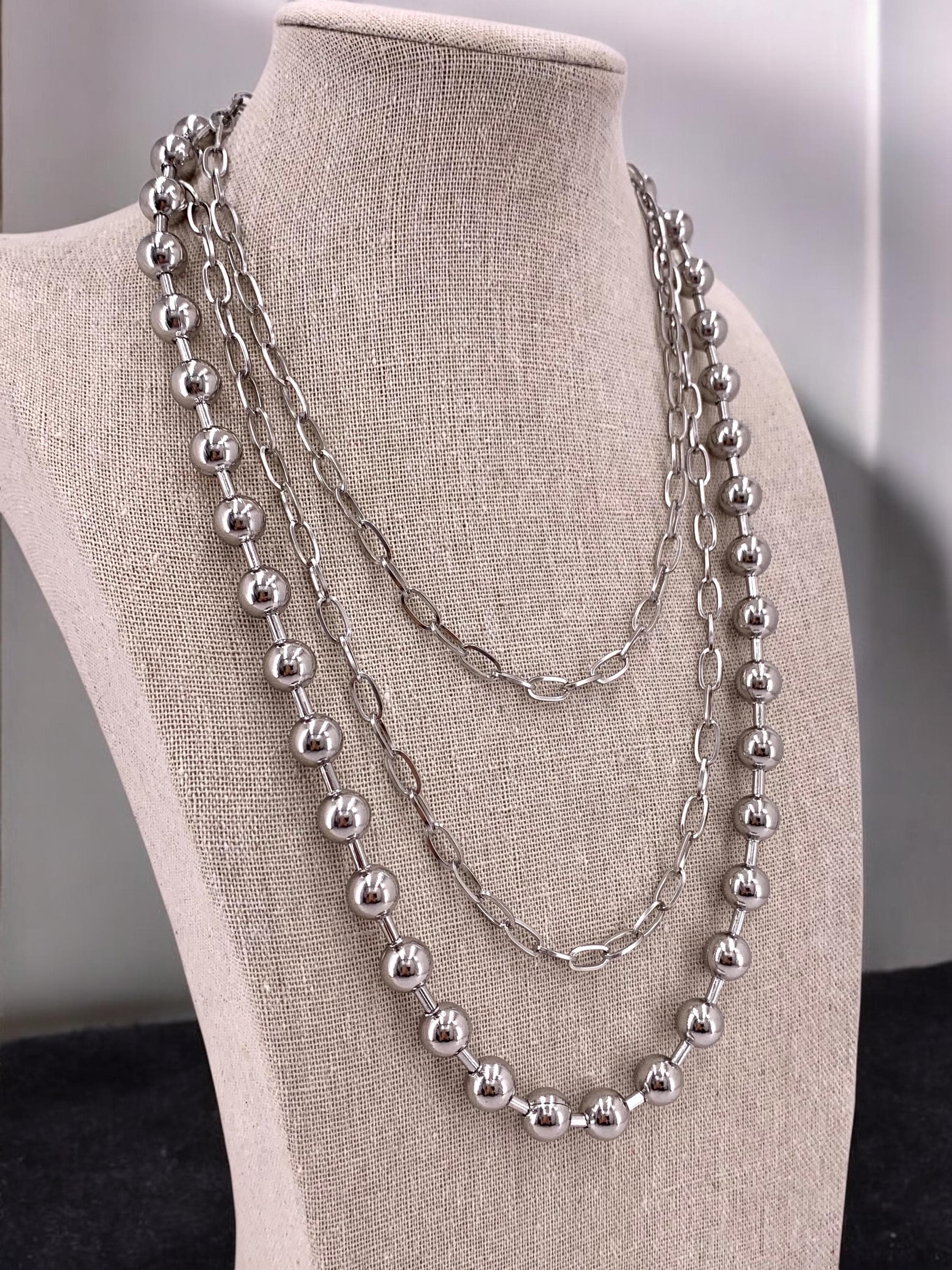 Chunky Multi-Layer Necklace – Black Silver Stainless Steel – Big Ball Chain – Statement Jewelry – Kukuri Jewelry