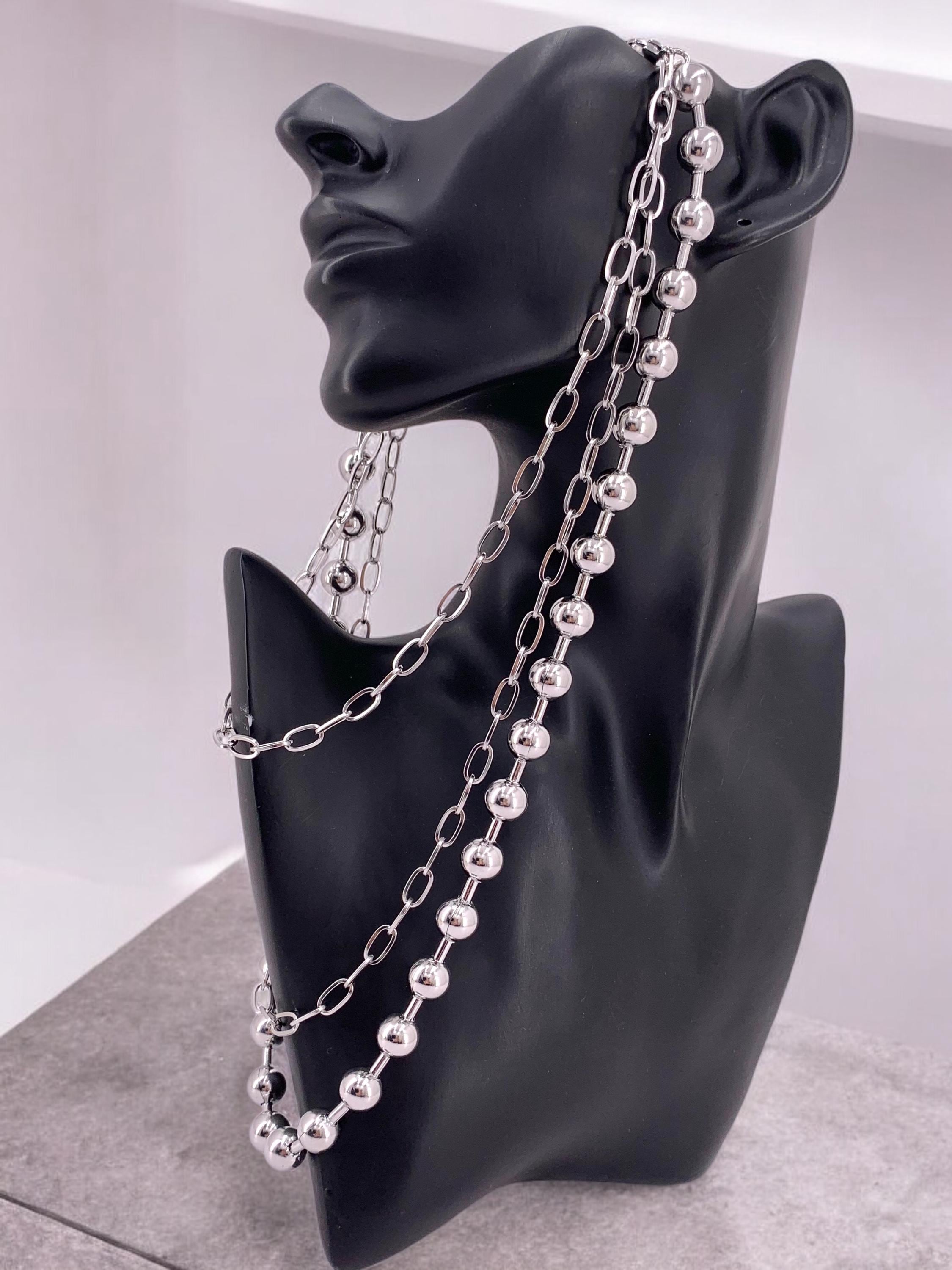 Chunky Multi-Layer Necklace – Black Silver Stainless Steel – Big Ball Chain – Statement Jewelry – Kukuri Jewelry