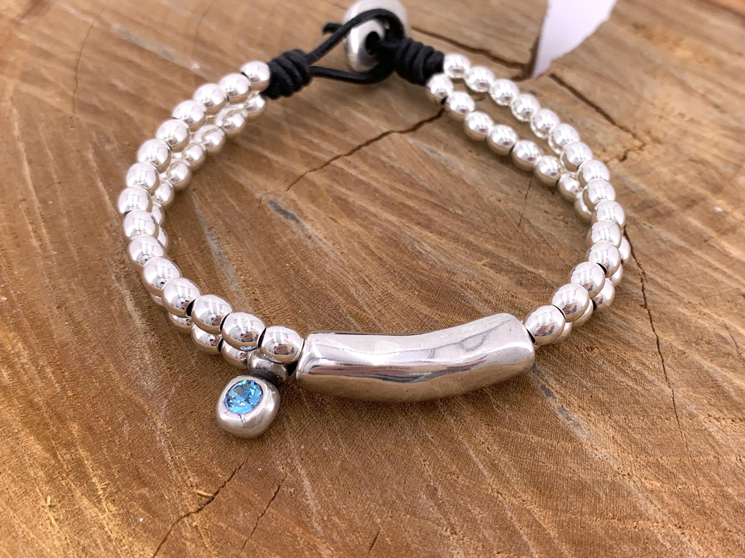 Boho Leather beaded Bracelet – Swarovski Crystal Charm – Silver Beads & Tube – Handmade Kukuri Jewelry