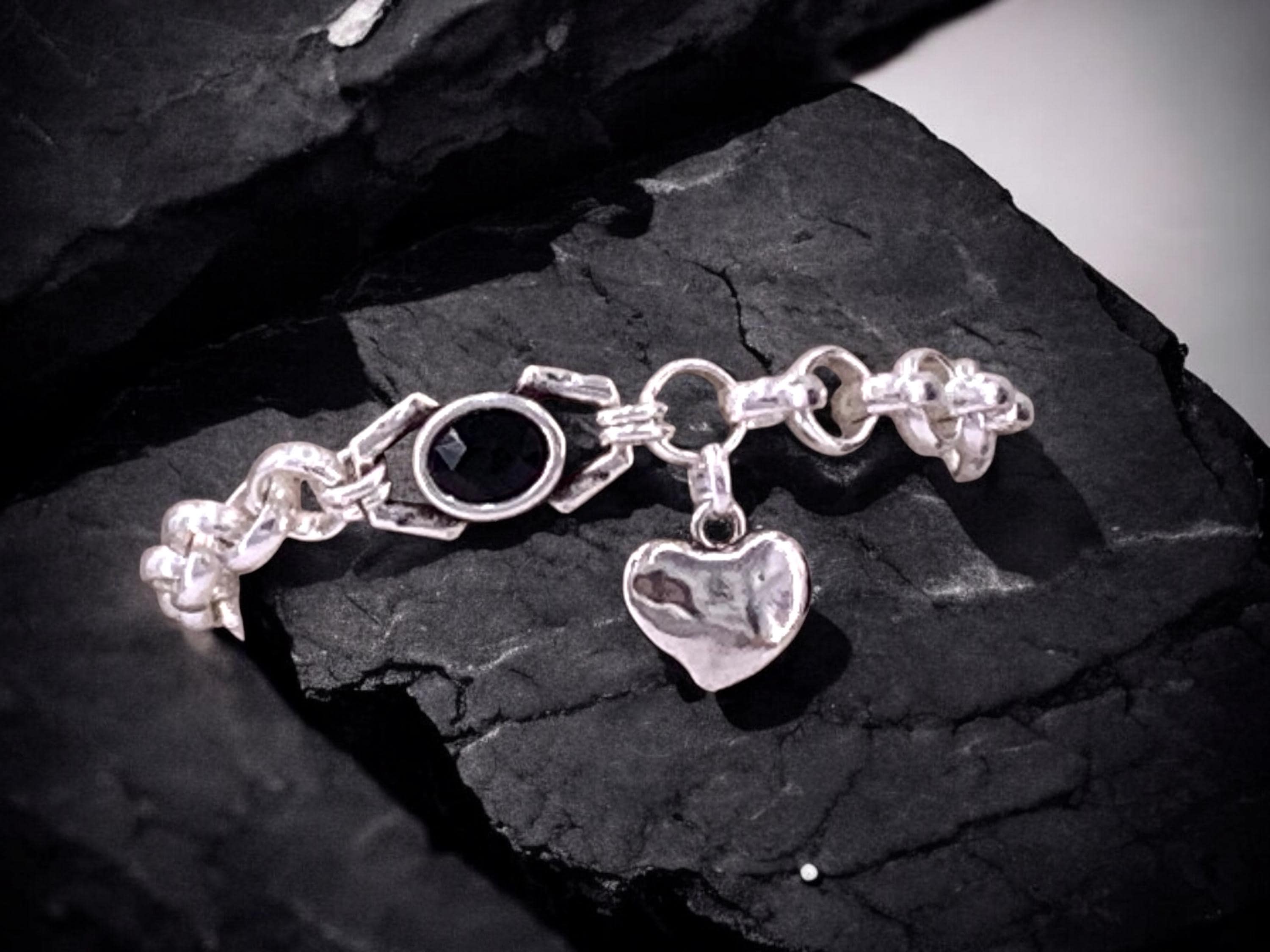 Chunky Silver Bracelet – Black Swarovski Crystal & Heart Charm – Adjustable Rolo Chain – Kukuri Jewelry