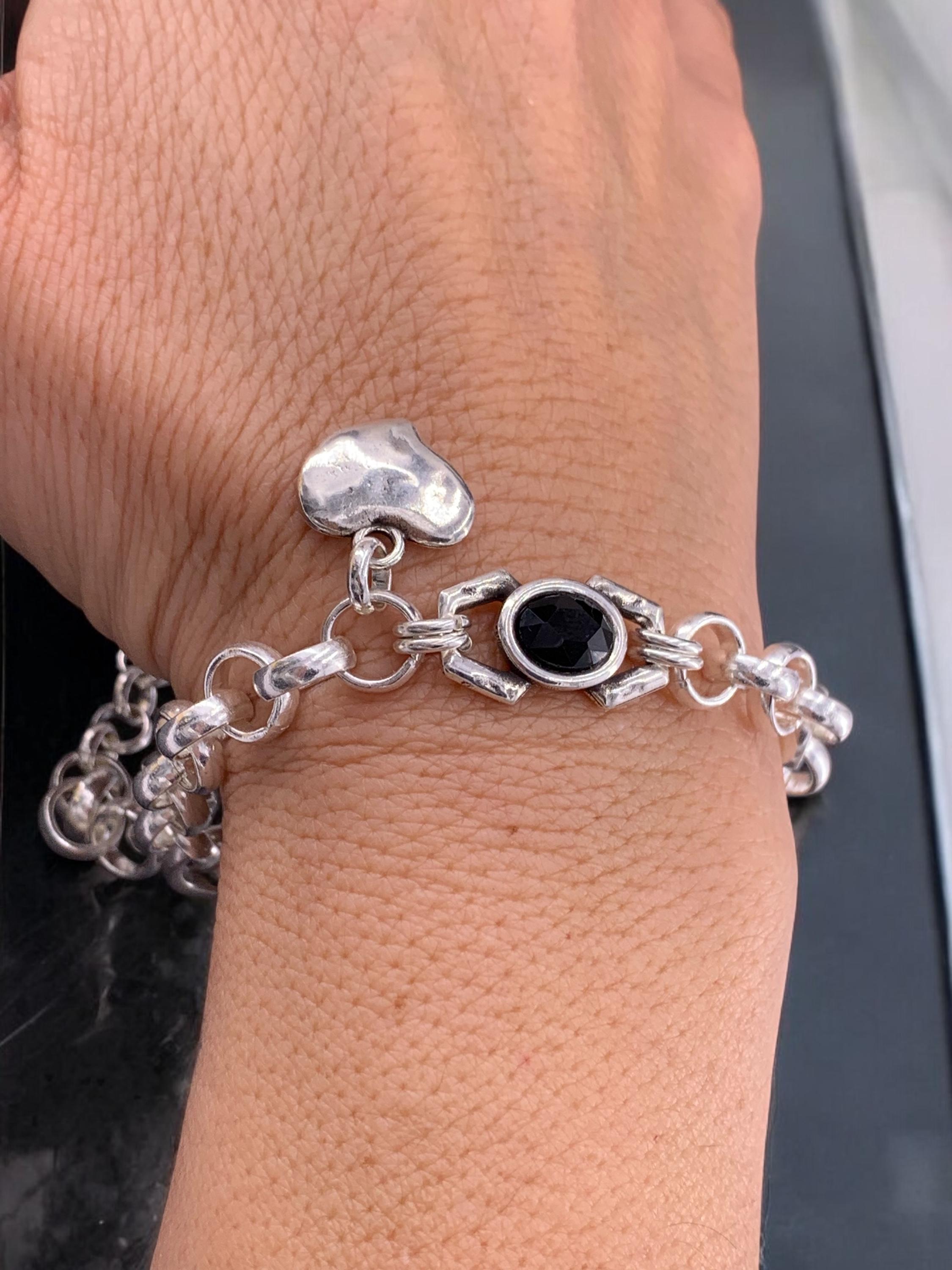 Chunky Silver Bracelet – Black Swarovski Crystal & Heart Charm – Adjustable Rolo Chain – Kukuri Jewelry