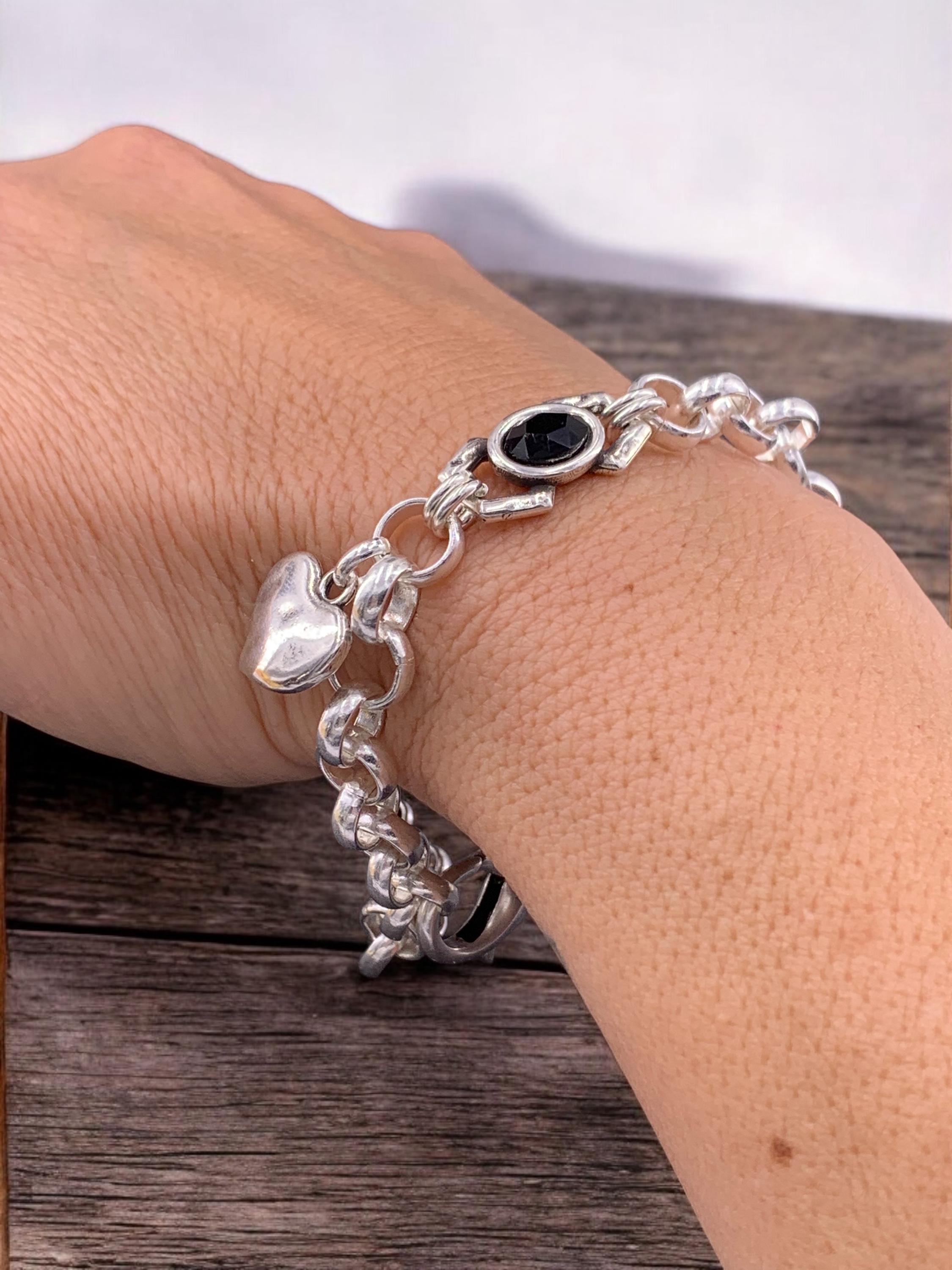 Chunky Silver Bracelet – Black Swarovski Crystal & Heart Charm – Adjustable Rolo Chain – Kukuri Jewelry