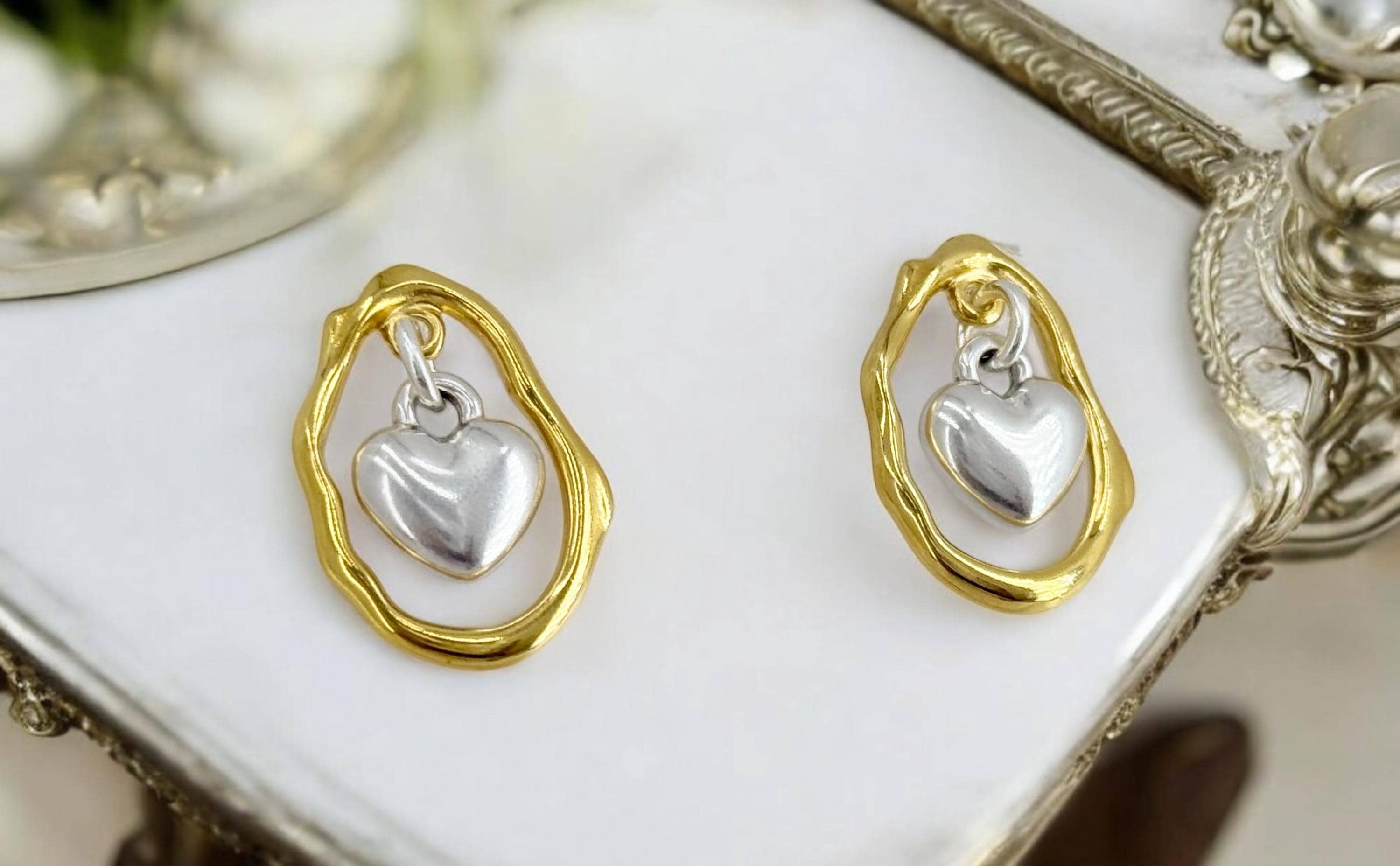 Gold & Silver Heart Earrings – Dangling Pendant – Boho Romantic Wedding Jewelry – Kukuri Jewelry