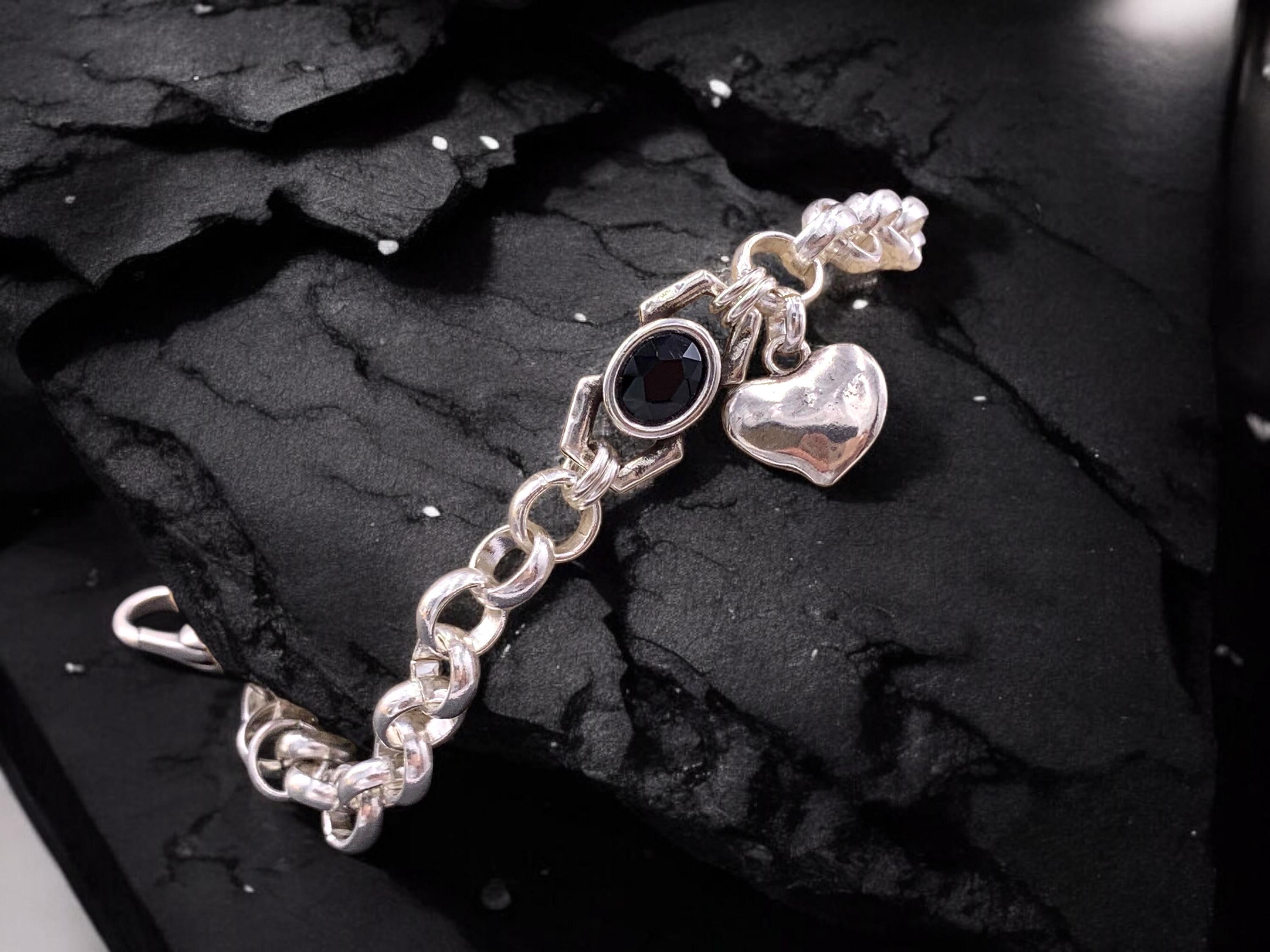 Chunky Silver Bracelet – Black Swarovski Crystal & Heart Charm – Adjustable Rolo Chain – Kukuri Jewelry