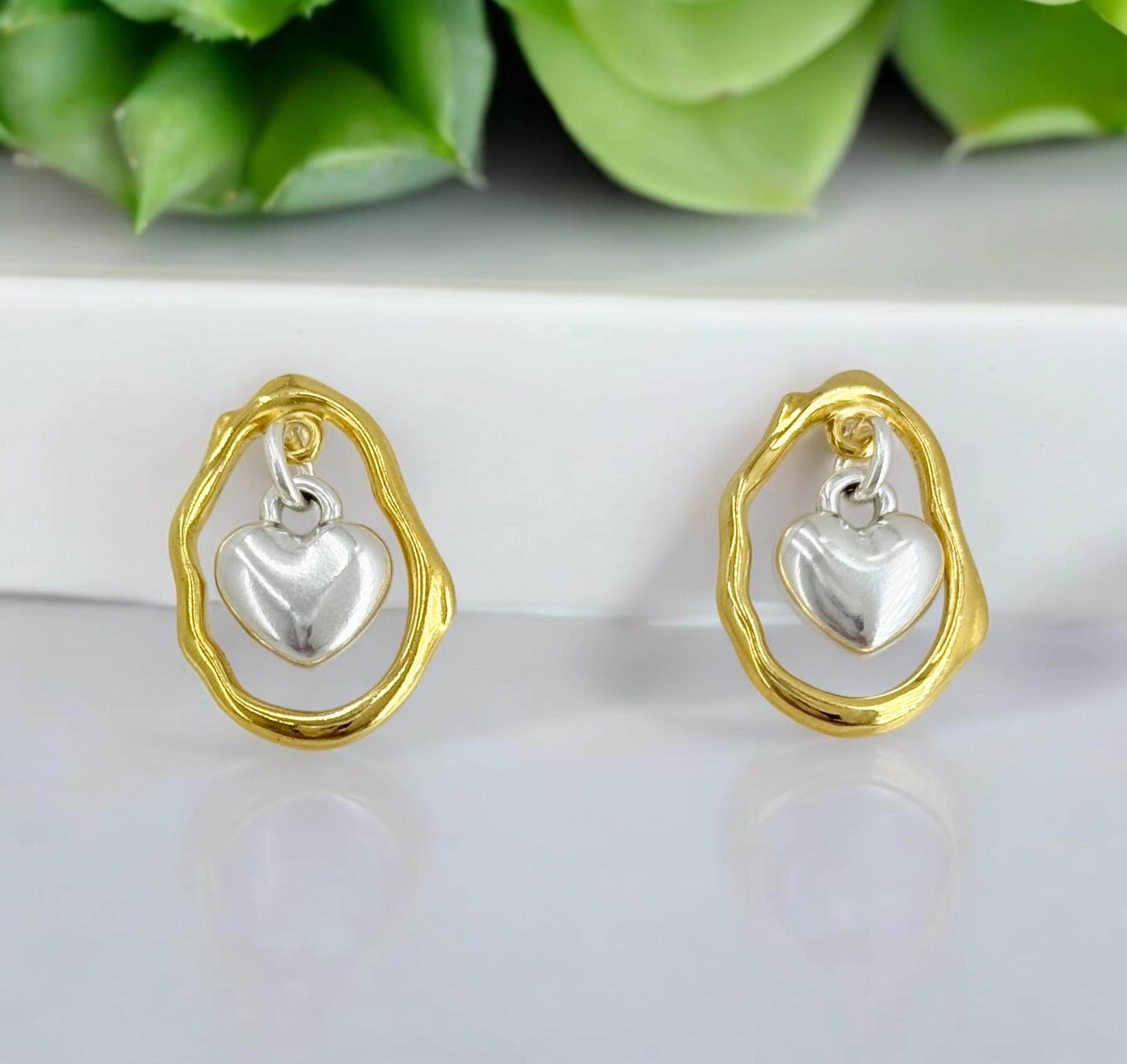 Gold & Silver Heart Earrings – Dangling Pendant – Boho Romantic Wedding Jewelry – Kukuri Jewelry