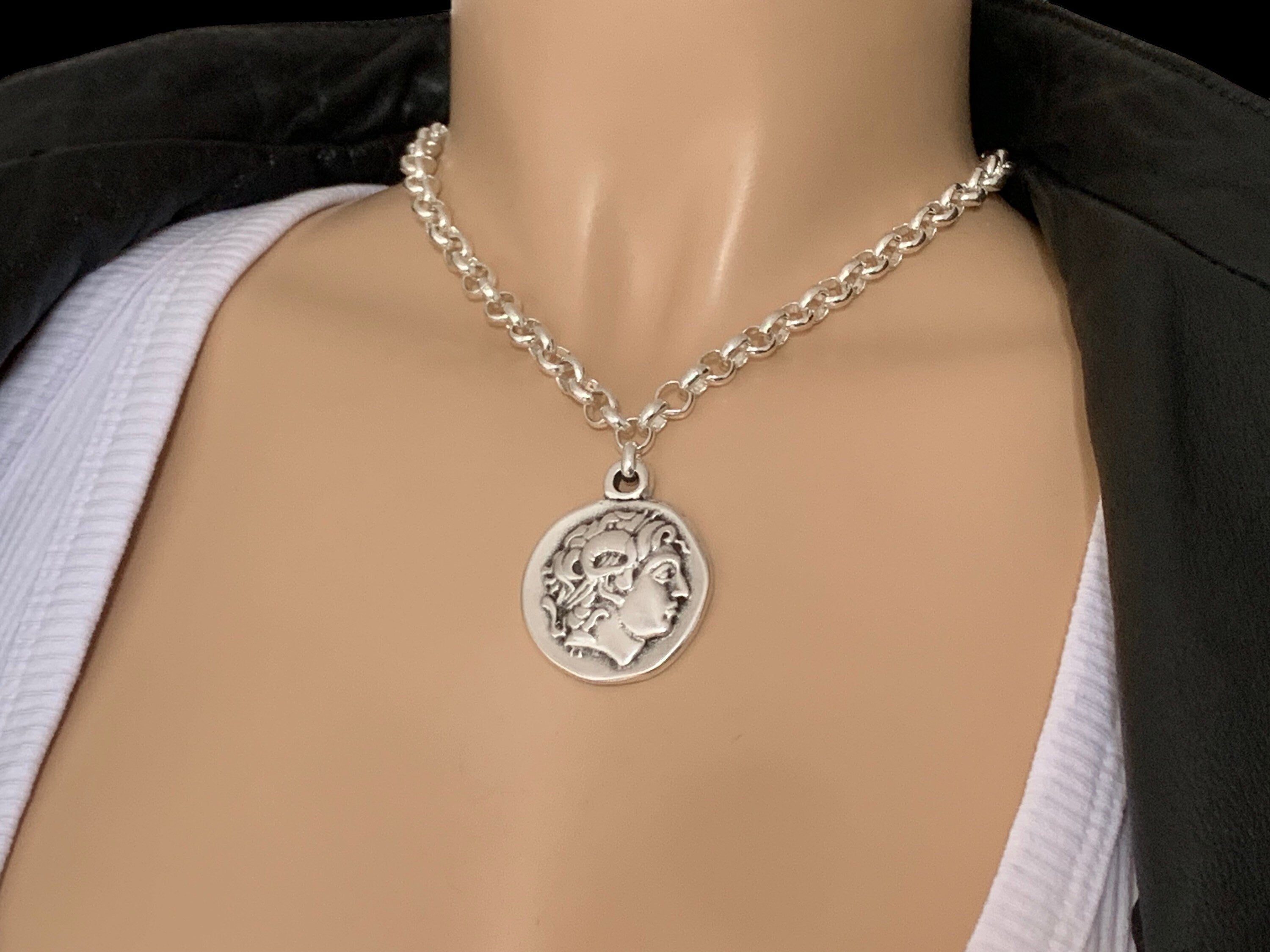Chunky Silver Greek Coin Necklace – Rolo Chain – Toggle Clasp – Handmade Statement Jewelry – Kukuri Jewelry