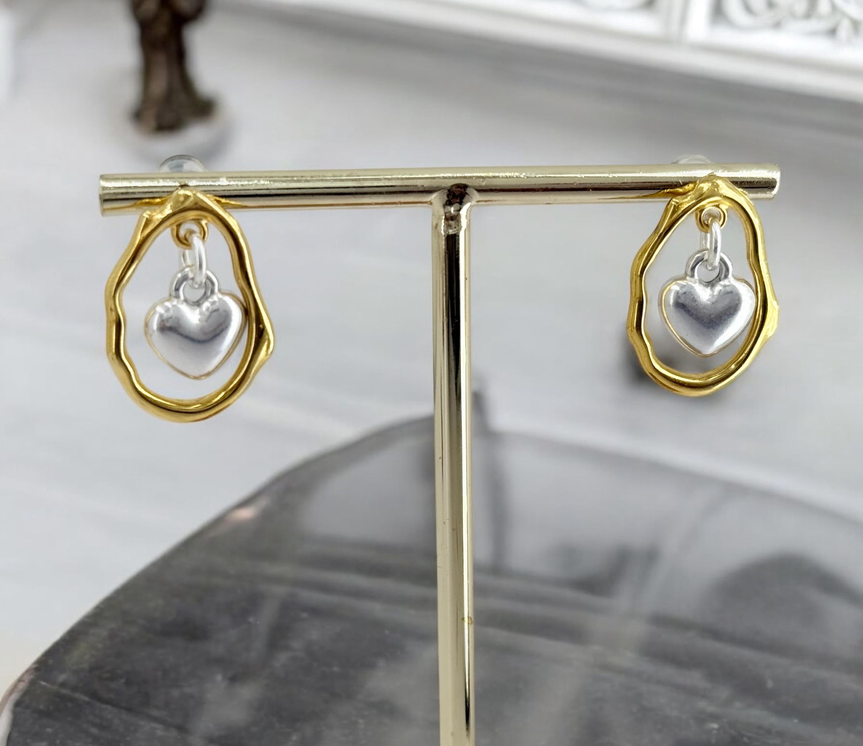 Gold & Silver Heart Earrings – Dangling Pendant – Boho Romantic Wedding Jewelry – Kukuri Jewelry