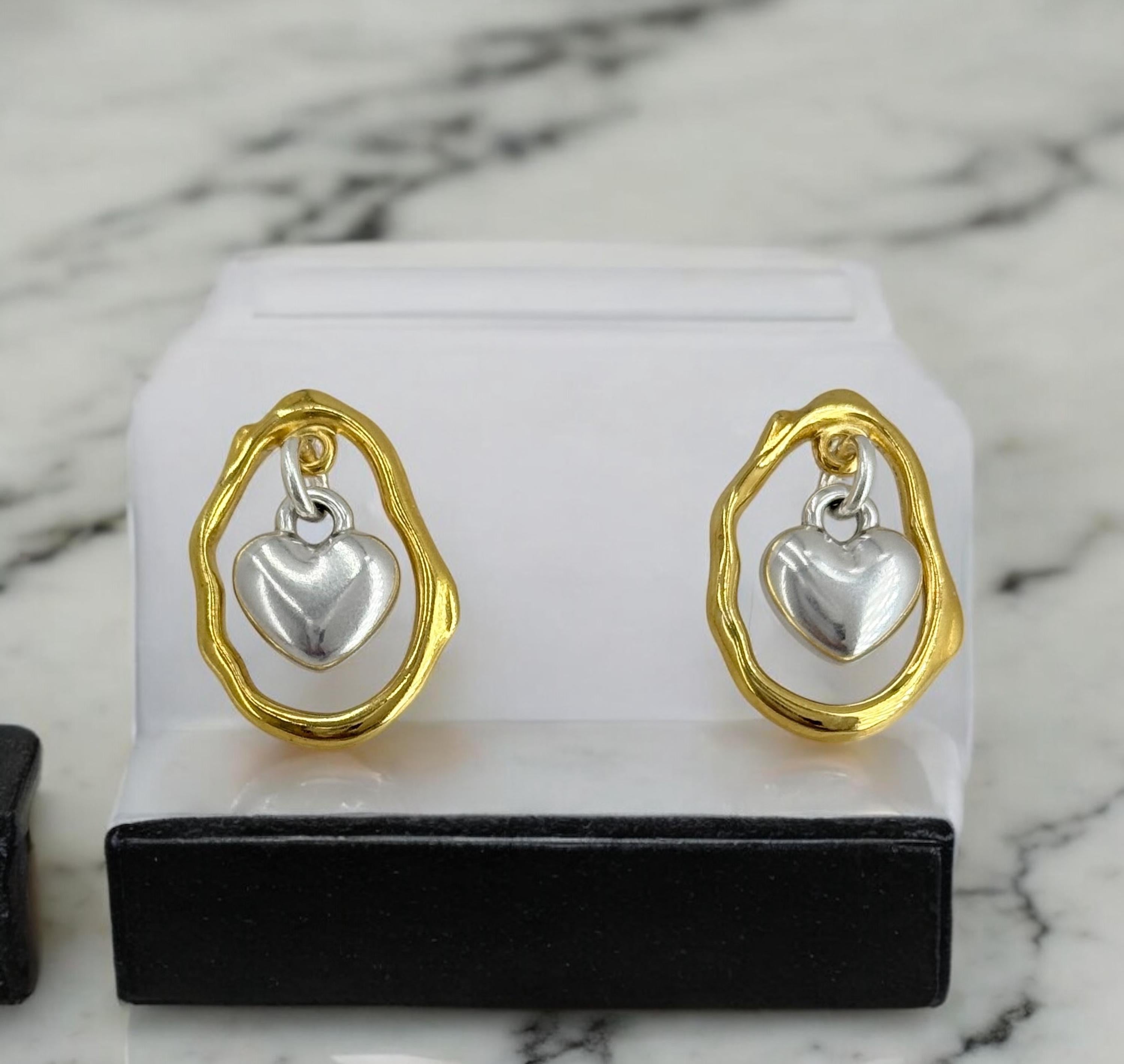 Gold & Silver Heart Earrings – Dangling Pendant – Boho Romantic Wedding Jewelry – Kukuri Jewelry