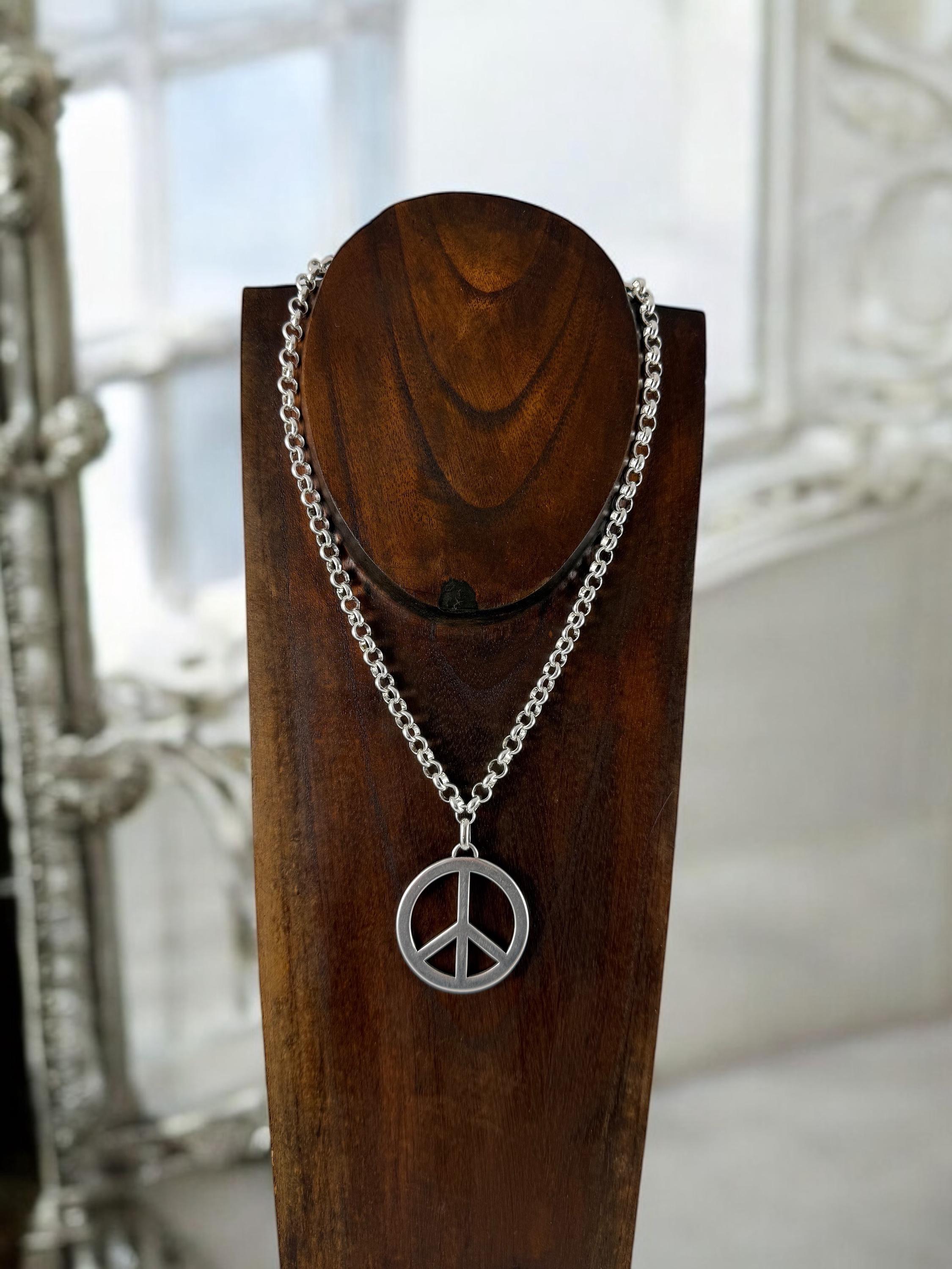 Chunky Silver Necklace – Oversized Peace Symbol Pendant – Bold Statement Chain – Kukuri Jewelry