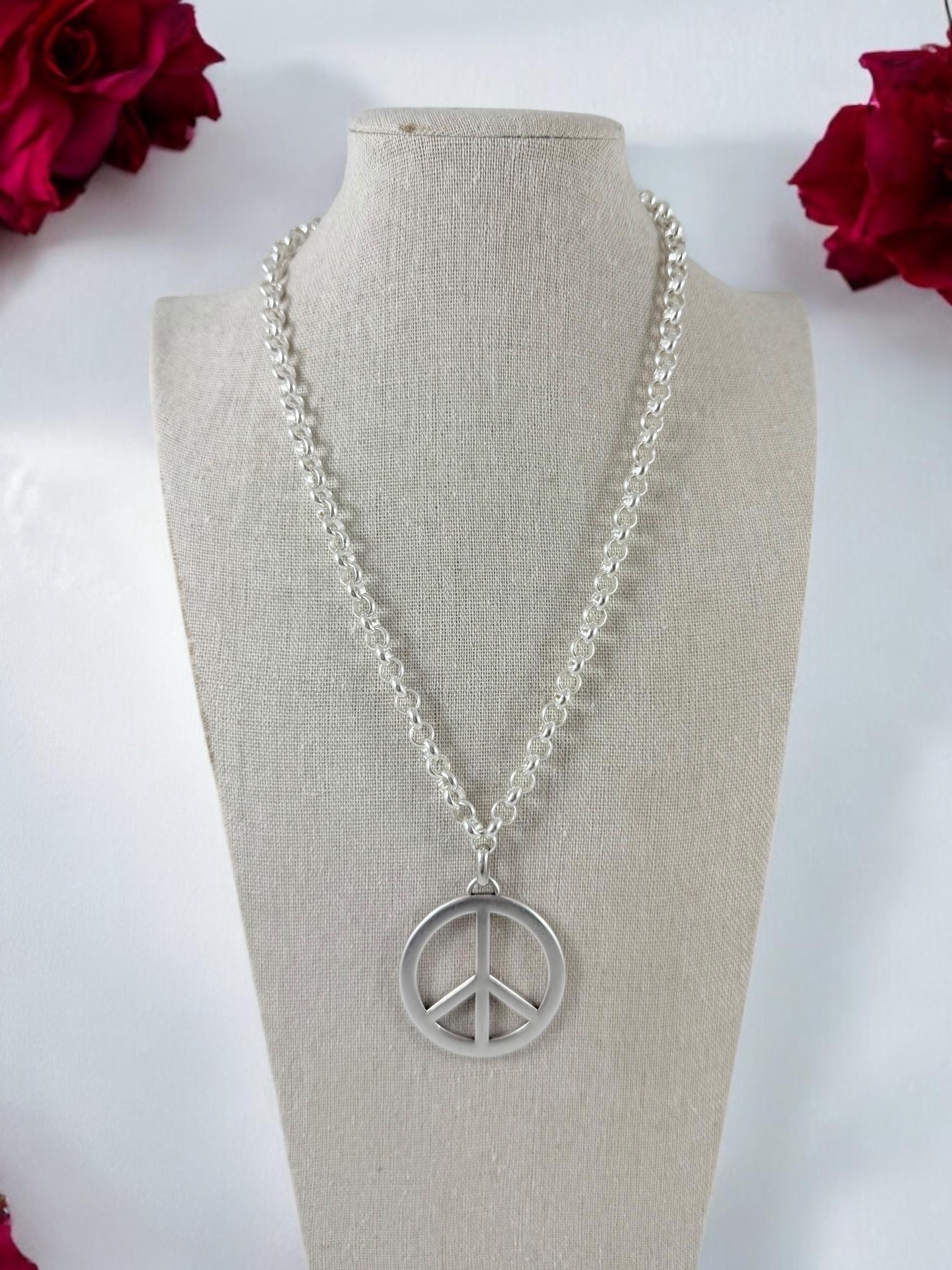 Chunky Silver Necklace – Oversized Peace Symbol Pendant – Bold Statement Chain – Kukuri Jewelry