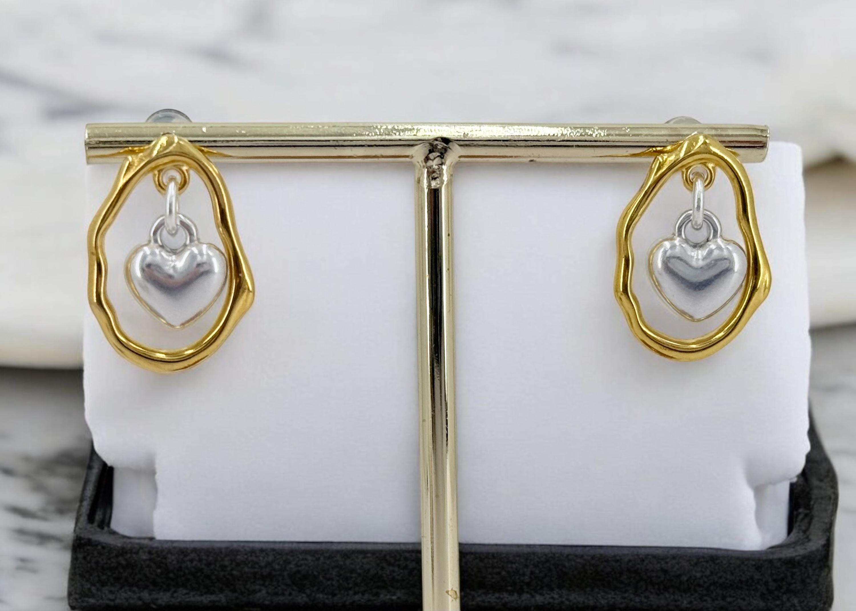 Gold & Silver Heart Earrings – Dangling Pendant – Boho Romantic Wedding Jewelry – Kukuri Jewelry