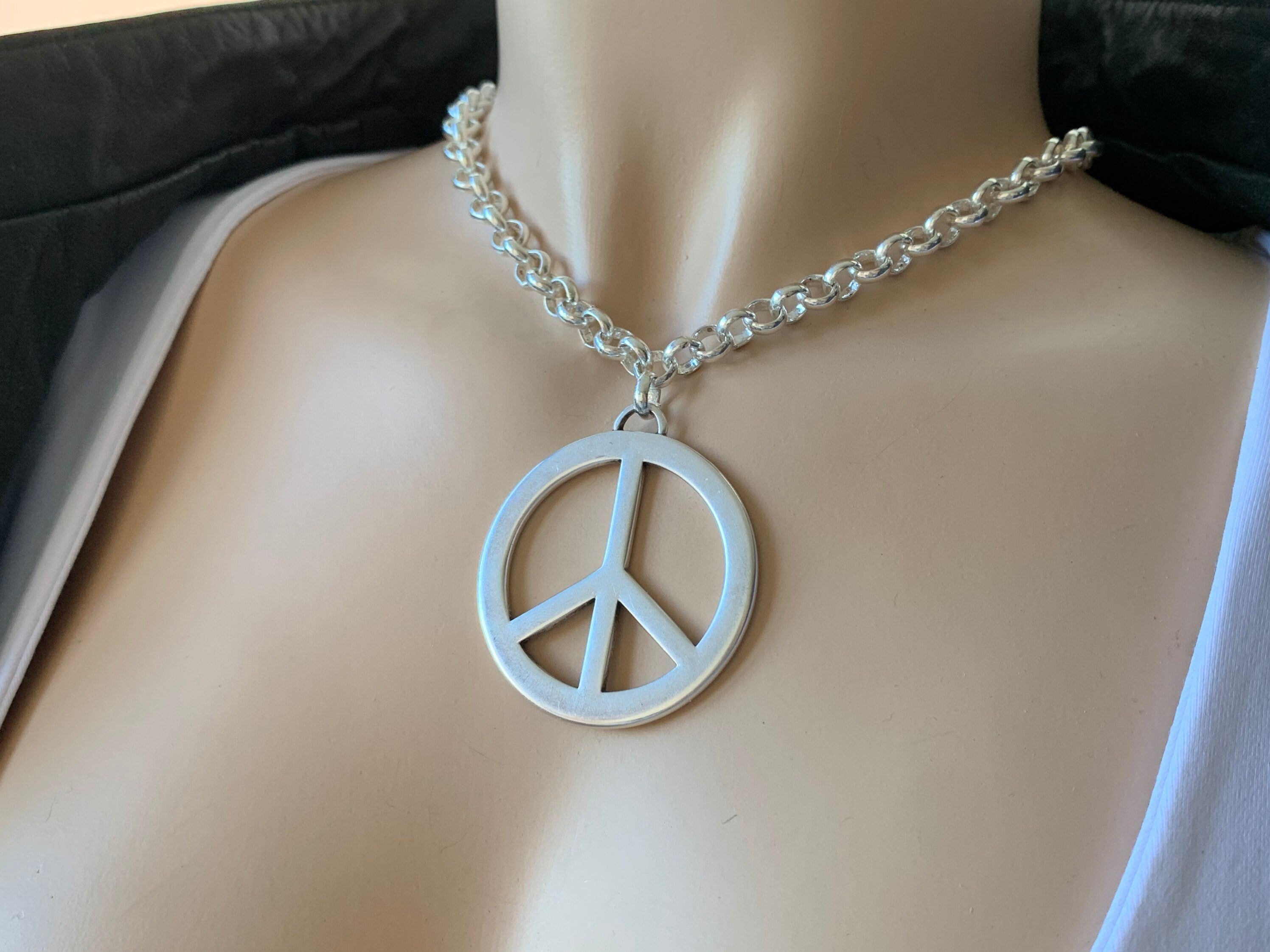 Chunky Silver Necklace – Oversized Peace Symbol Pendant – Bold Statement Chain – Kukuri Jewelry