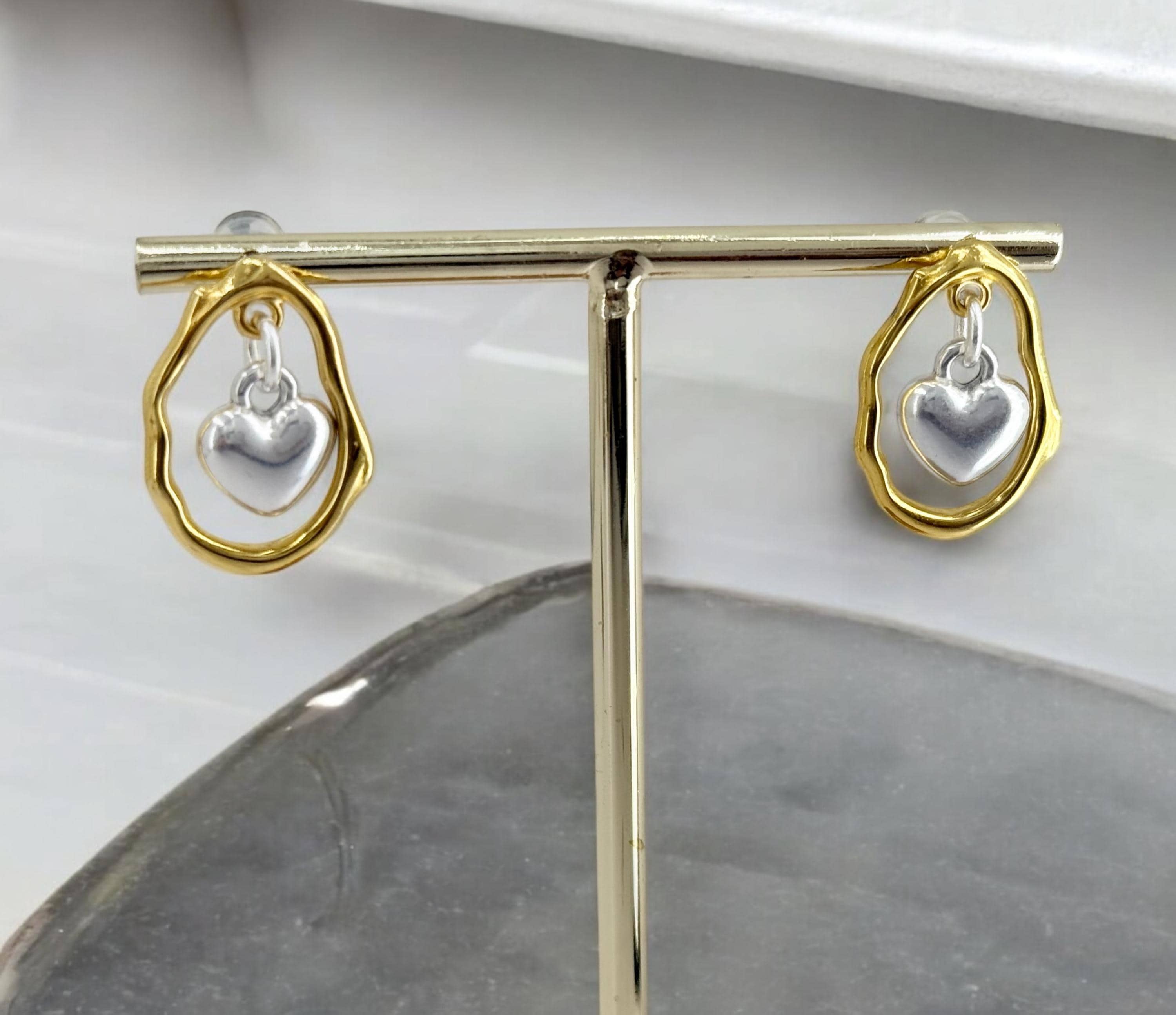 Gold & Silver Heart Earrings – Dangling Pendant – Boho Romantic Wedding Jewelry – Kukuri Jewelry