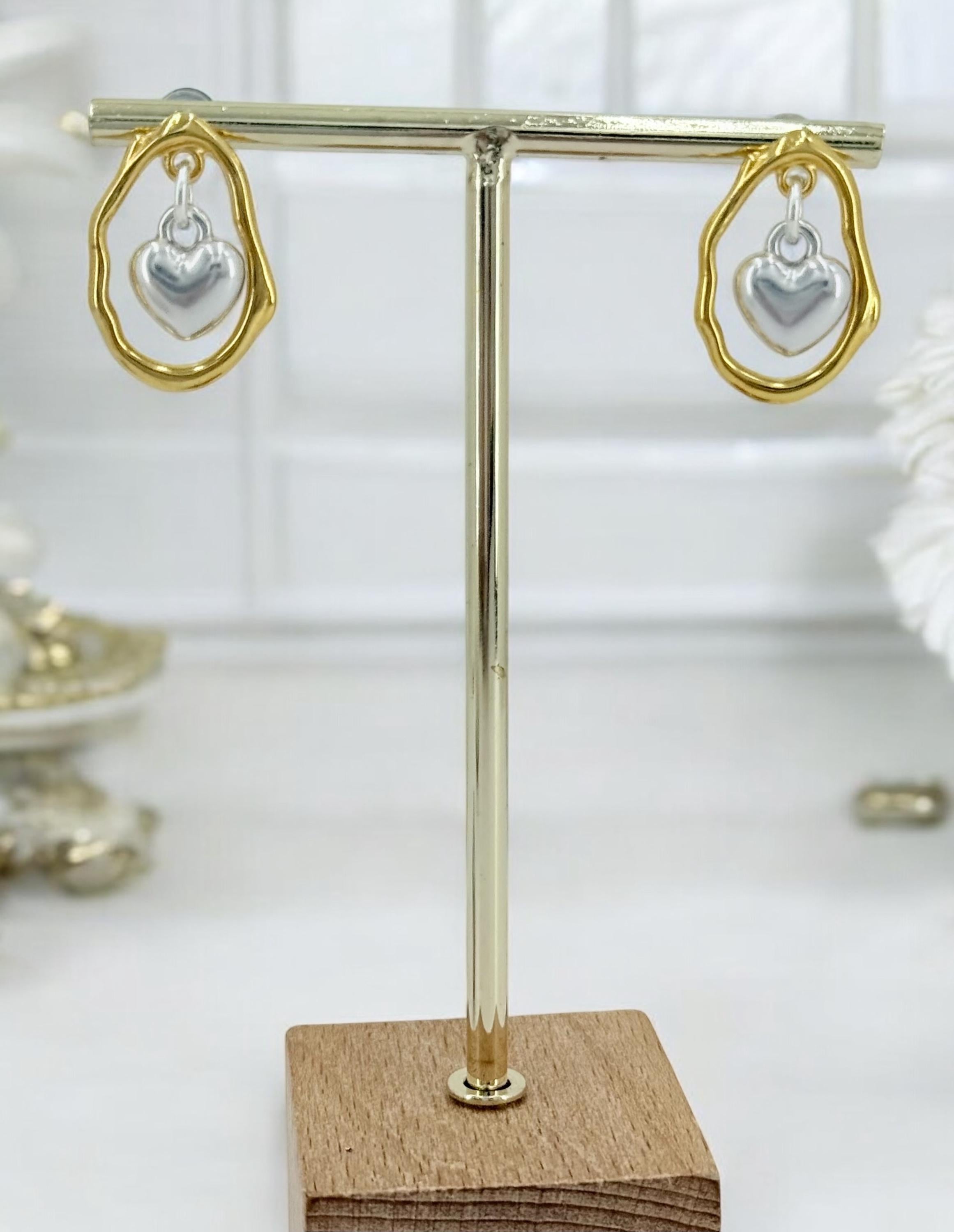 Gold & Silver Heart Earrings – Dangling Pendant – Boho Romantic Wedding Jewelry – Kukuri Jewelry