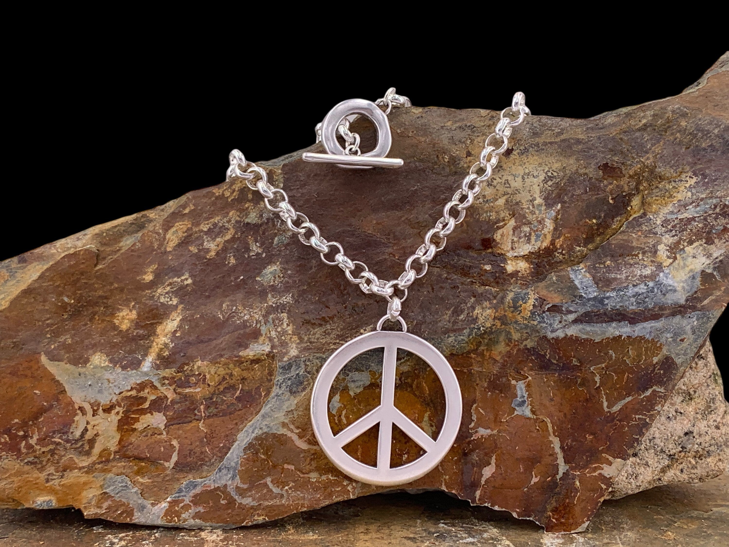 Chunky Silver Necklace – Oversized Peace Symbol Pendant – Bold Statement Chain – Kukuri Jewelry