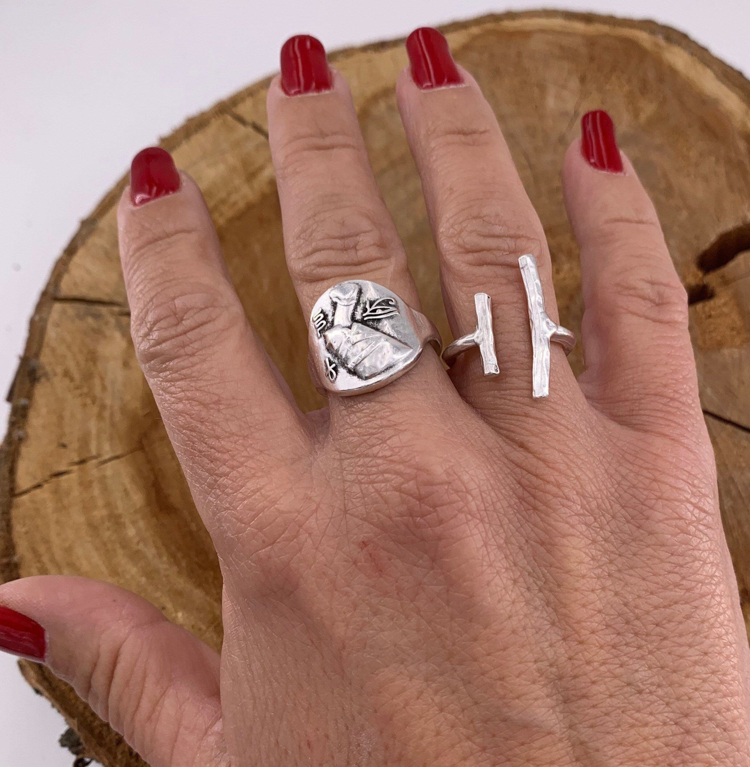 Boho Silver Ring Set – Open Bar Ring & Egyptian Symbol Band – Adjustable – Kukuri Jewelry