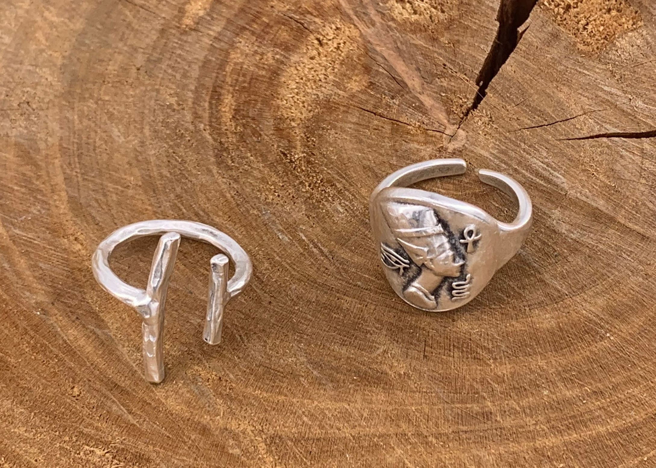 Boho Silver Ring Set – Open Bar Ring & Egyptian Symbol Band – Adjustable – Kukuri Jewelry