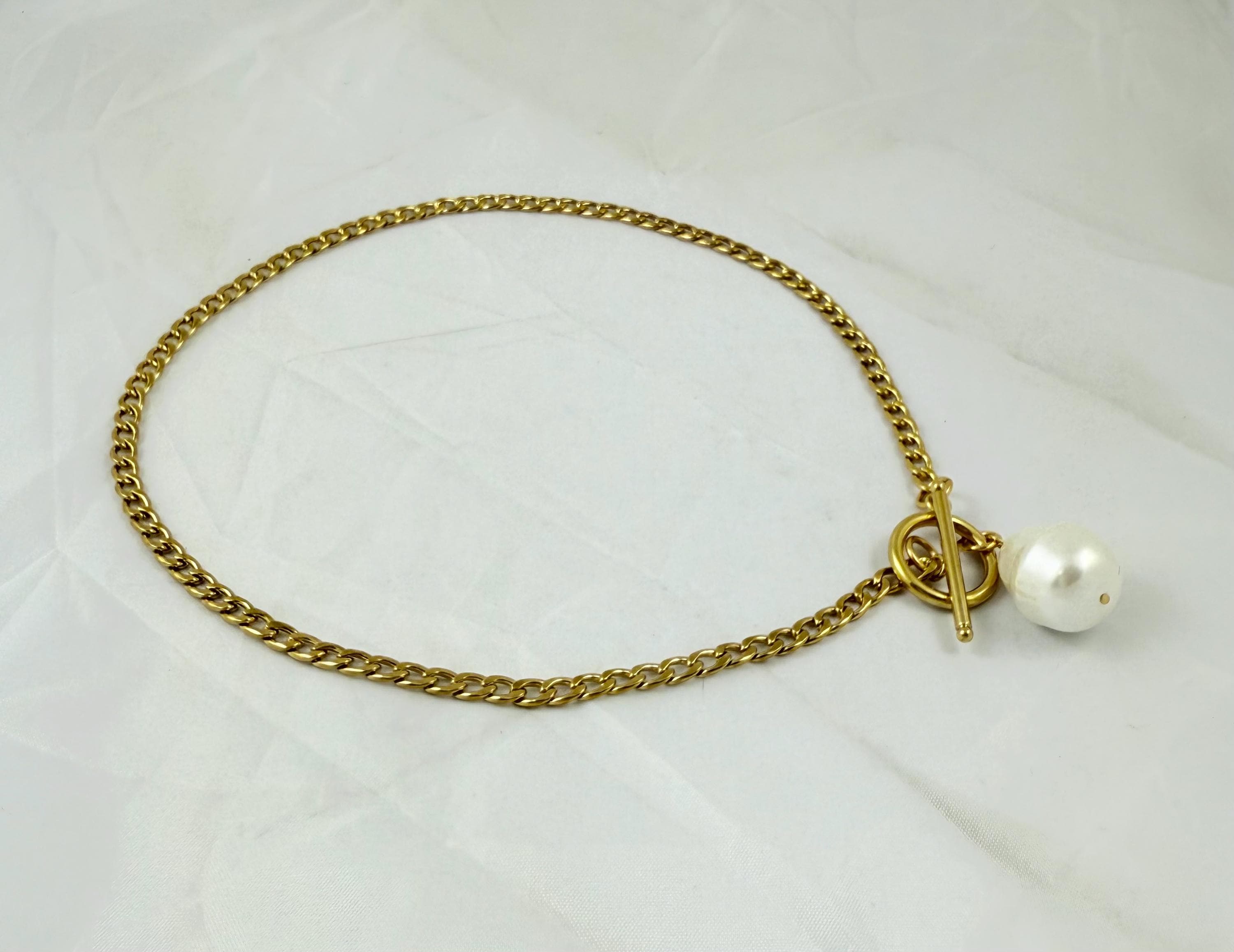 Chunky Gold Chain Choker Necklace – Stainless Steel – Toggle Clasp with Baroque Freshwater Pearl – Kukuri Jewelry