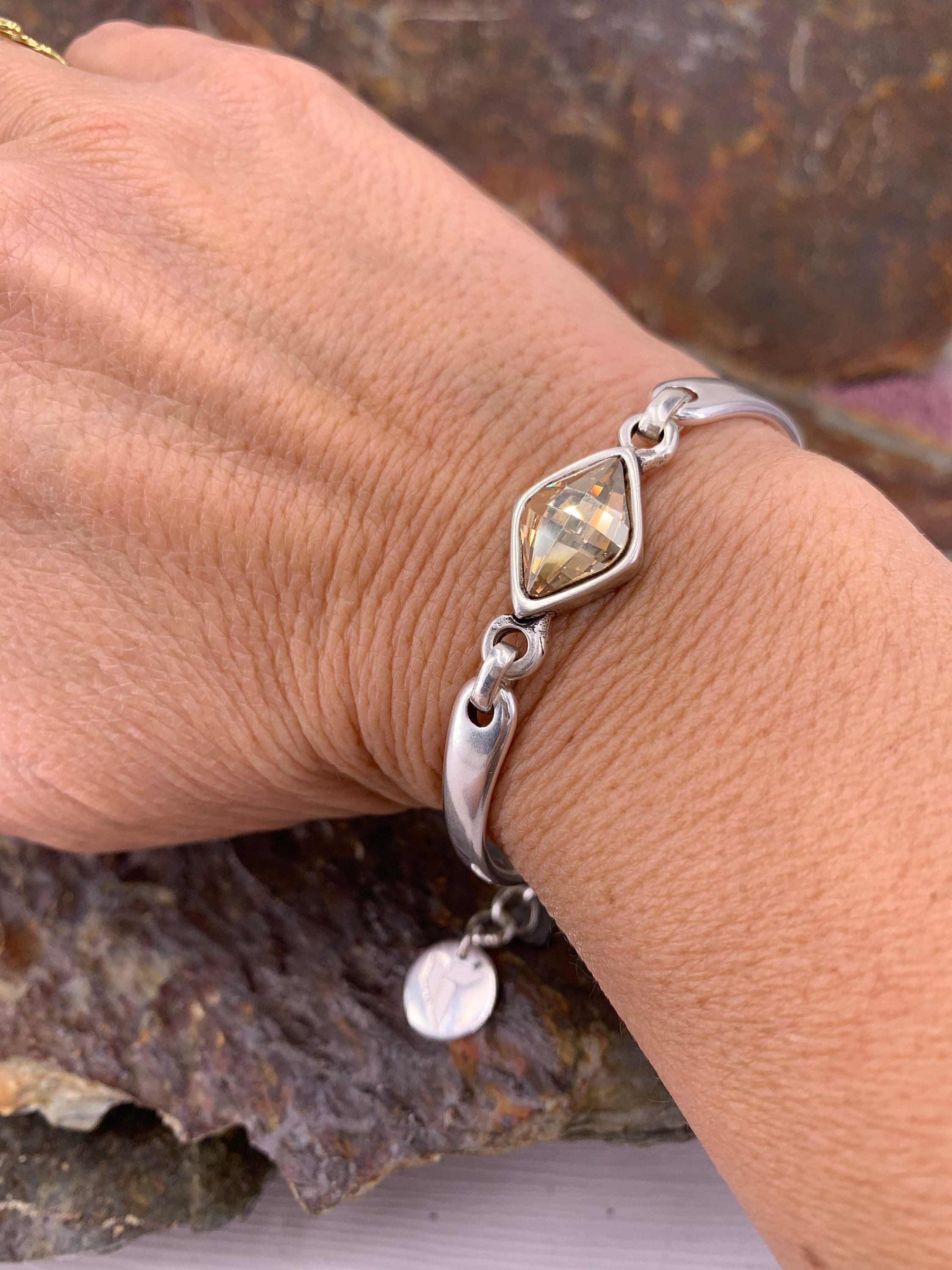 Chunky Silver Bracelet – Swarovski Crystal Connector – Adjustable Birthday Gift for Women – Kukuri Jewelry