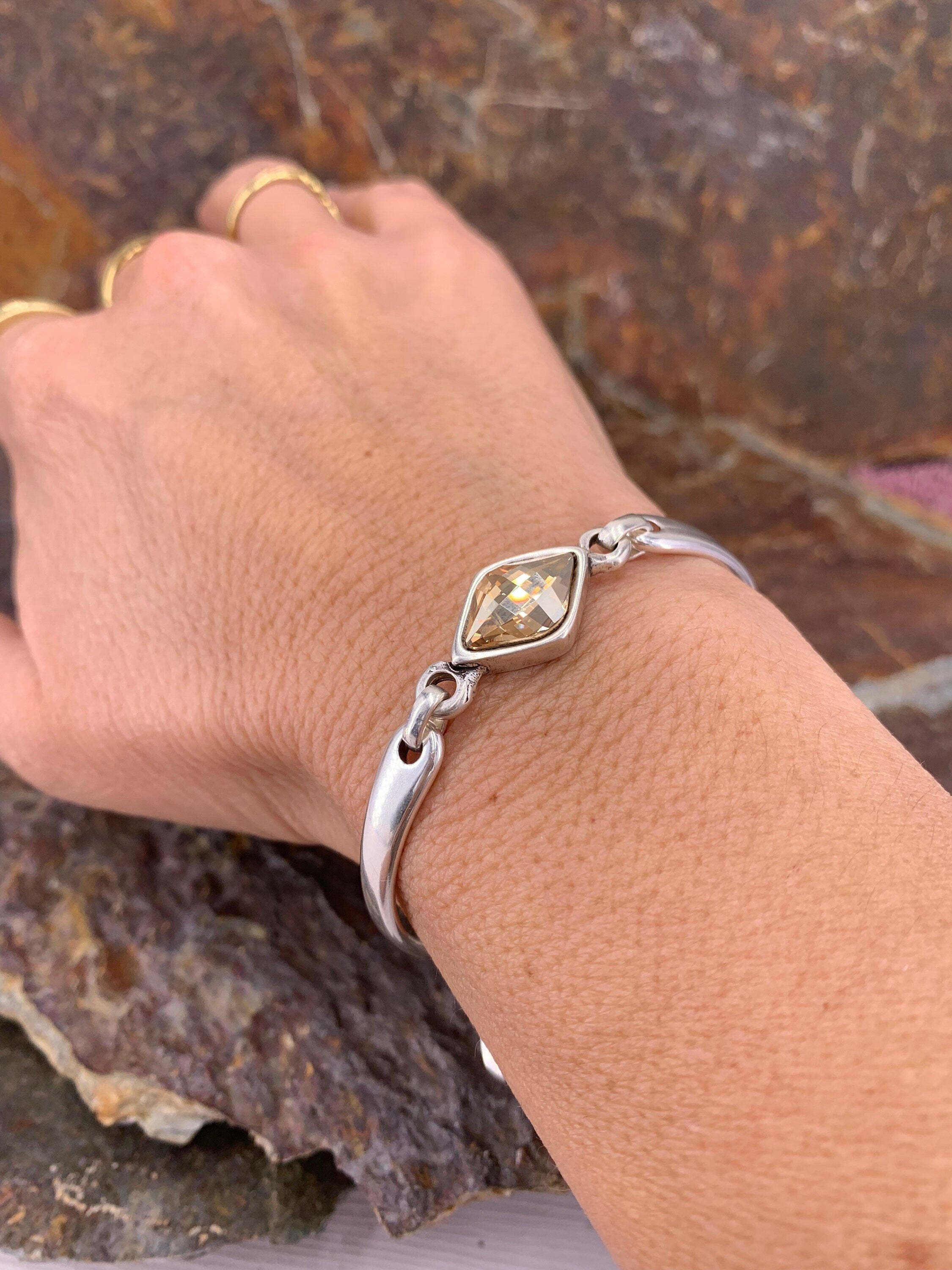 Chunky Silver Bracelet – Swarovski Crystal Connector – Adjustable Birthday Gift for Women – Kukuri Jewelry