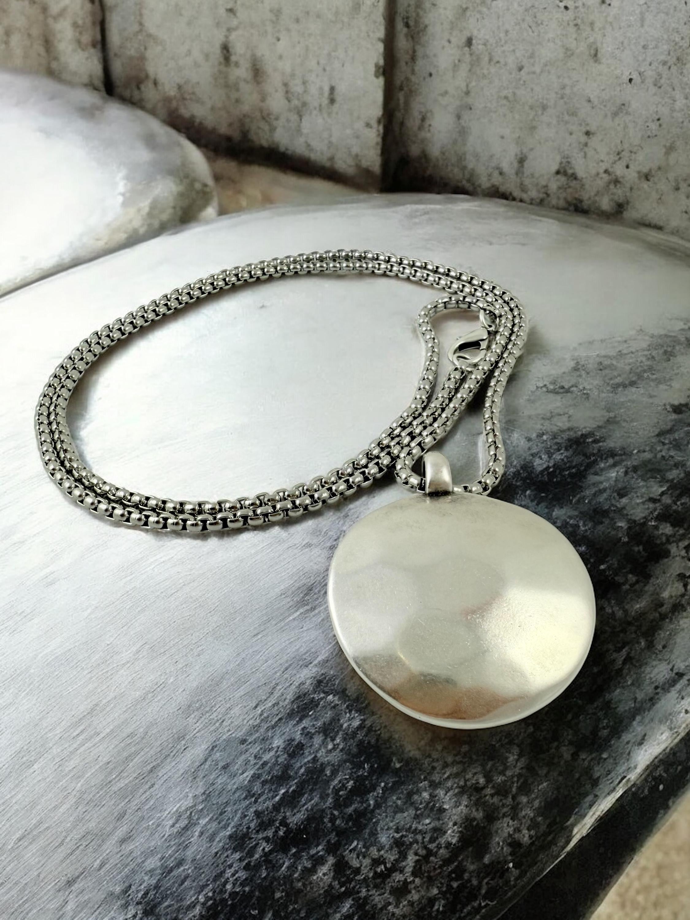 Long Silver chunky Chain Necklace – Statement hammered bold Pendant – Convertible Double Strand – Kukuri Jewelry