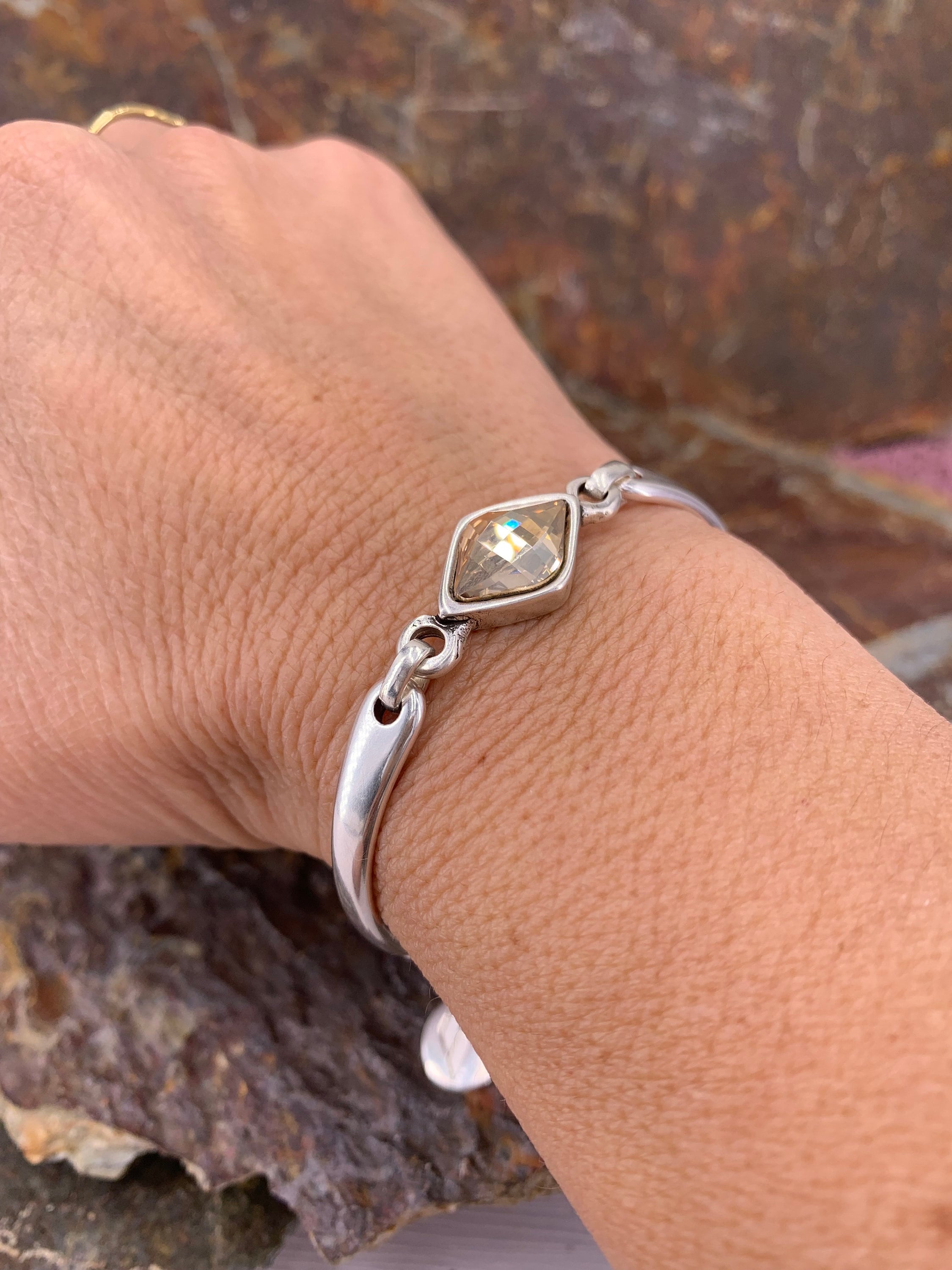 Chunky Silver Bracelet – Swarovski Crystal Connector – Adjustable Birthday Gift for Women – Kukuri Jewelry