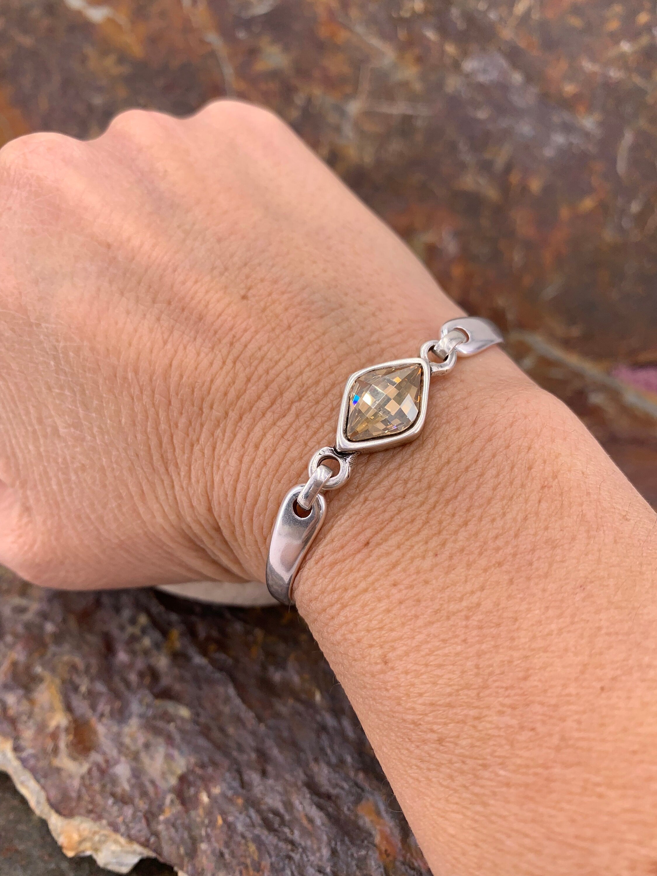 Chunky Silver Bracelet – Swarovski Crystal Connector – Adjustable Birthday Gift for Women – Kukuri Jewelry