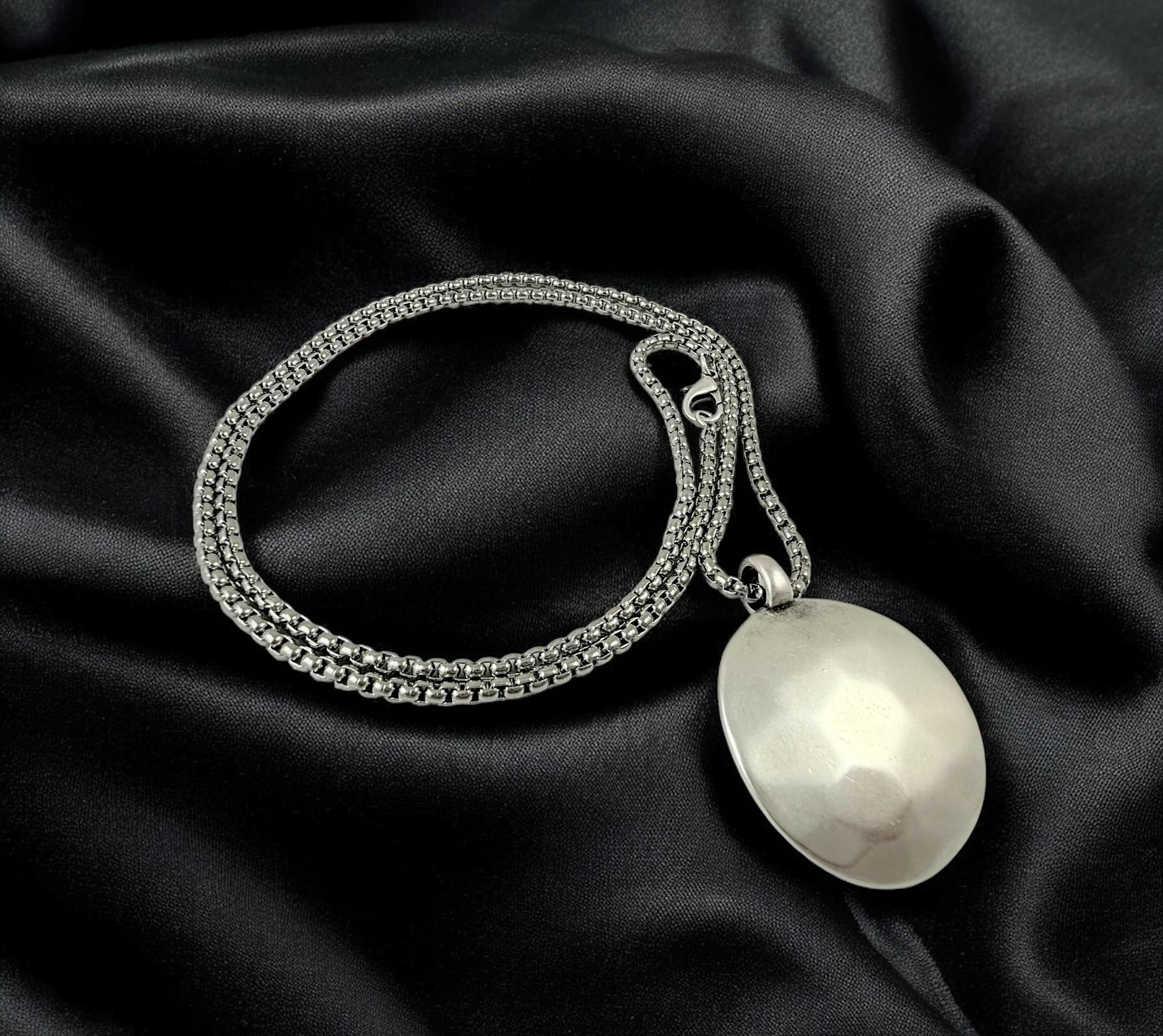 Long Silver chunky Chain Necklace – Statement hammered bold Pendant – Convertible Double Strand – Kukuri Jewelry