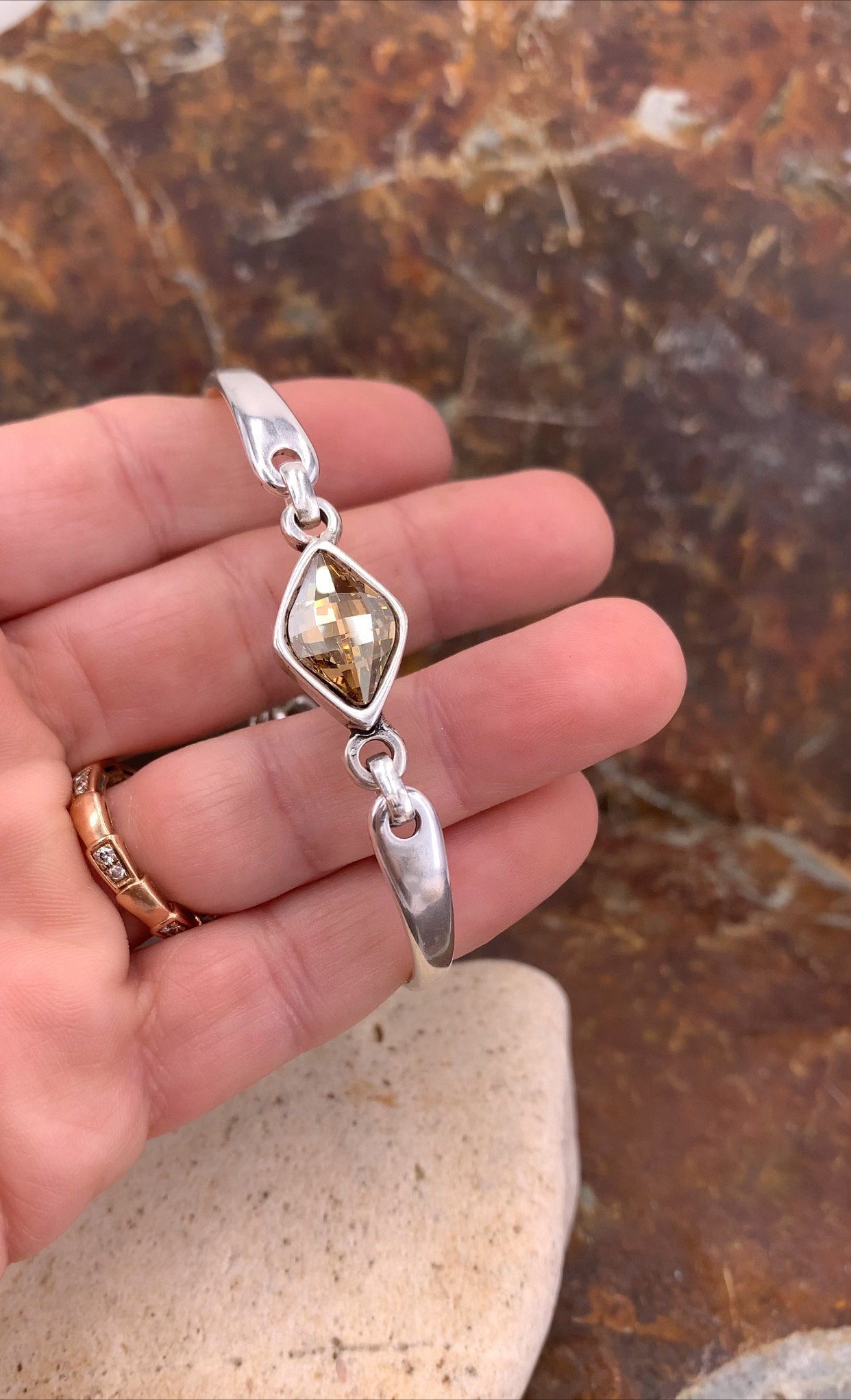 Chunky Silver Bracelet – Swarovski Crystal Connector – Adjustable Birthday Gift for Women – Kukuri Jewelry