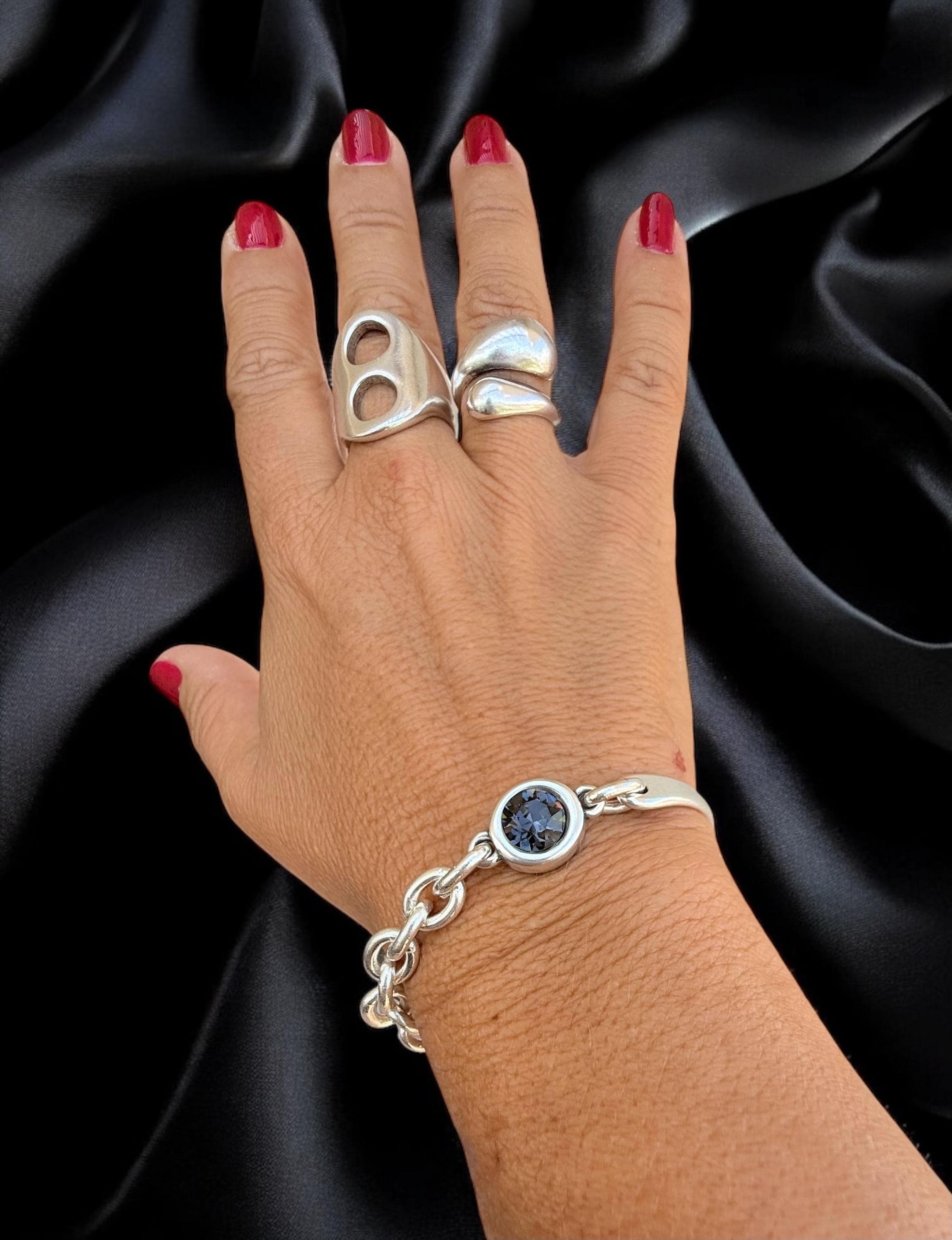 Chunky Half Cuff & Chain Silver Bracelet with Swarovski Crystal – Sculptural Statement Jewelry – Custom Fit -