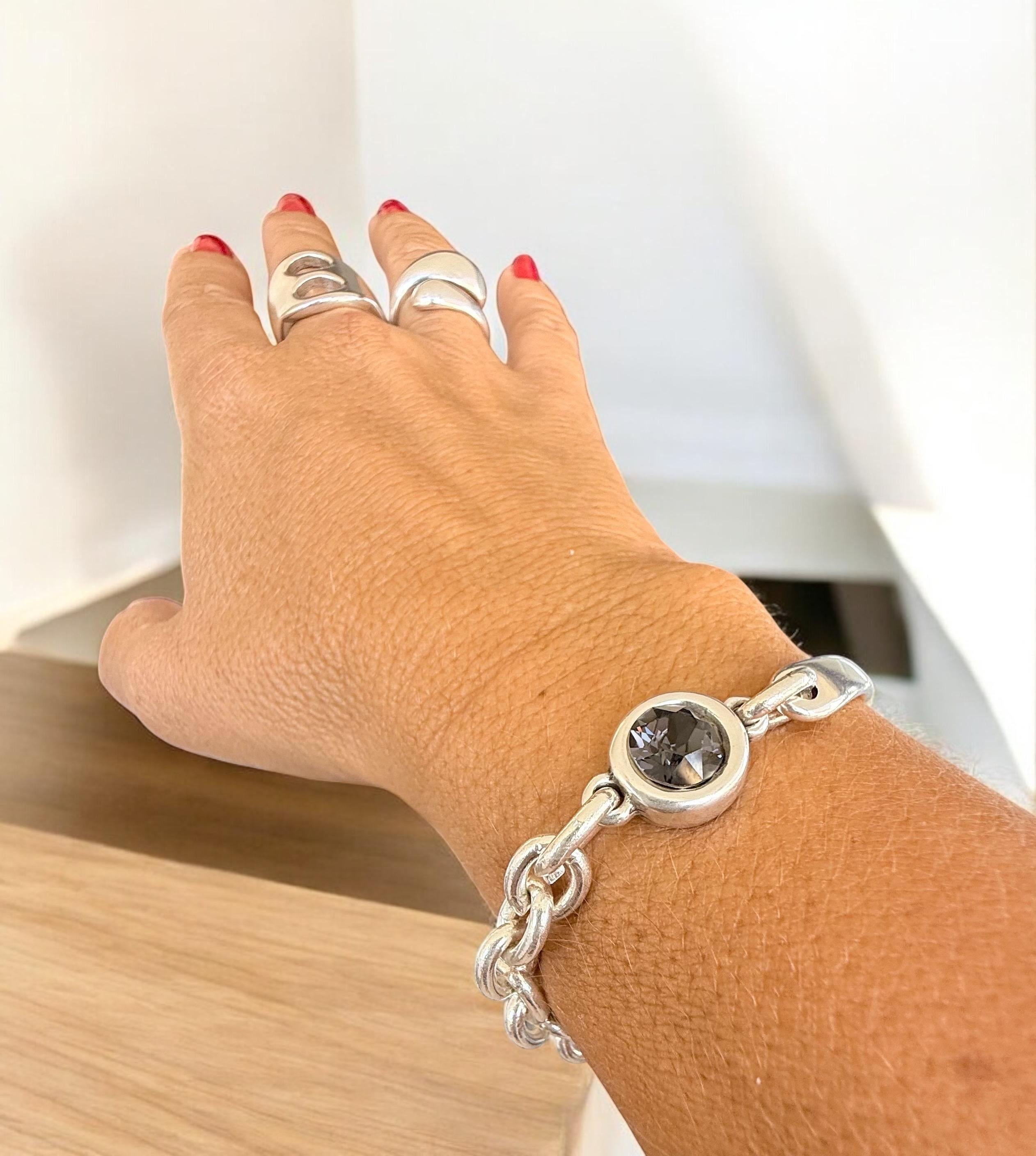 Chunky Half Cuff & Chain Silver Bracelet with Swarovski Crystal – Sculptural Statement Jewelry – Custom Fit -