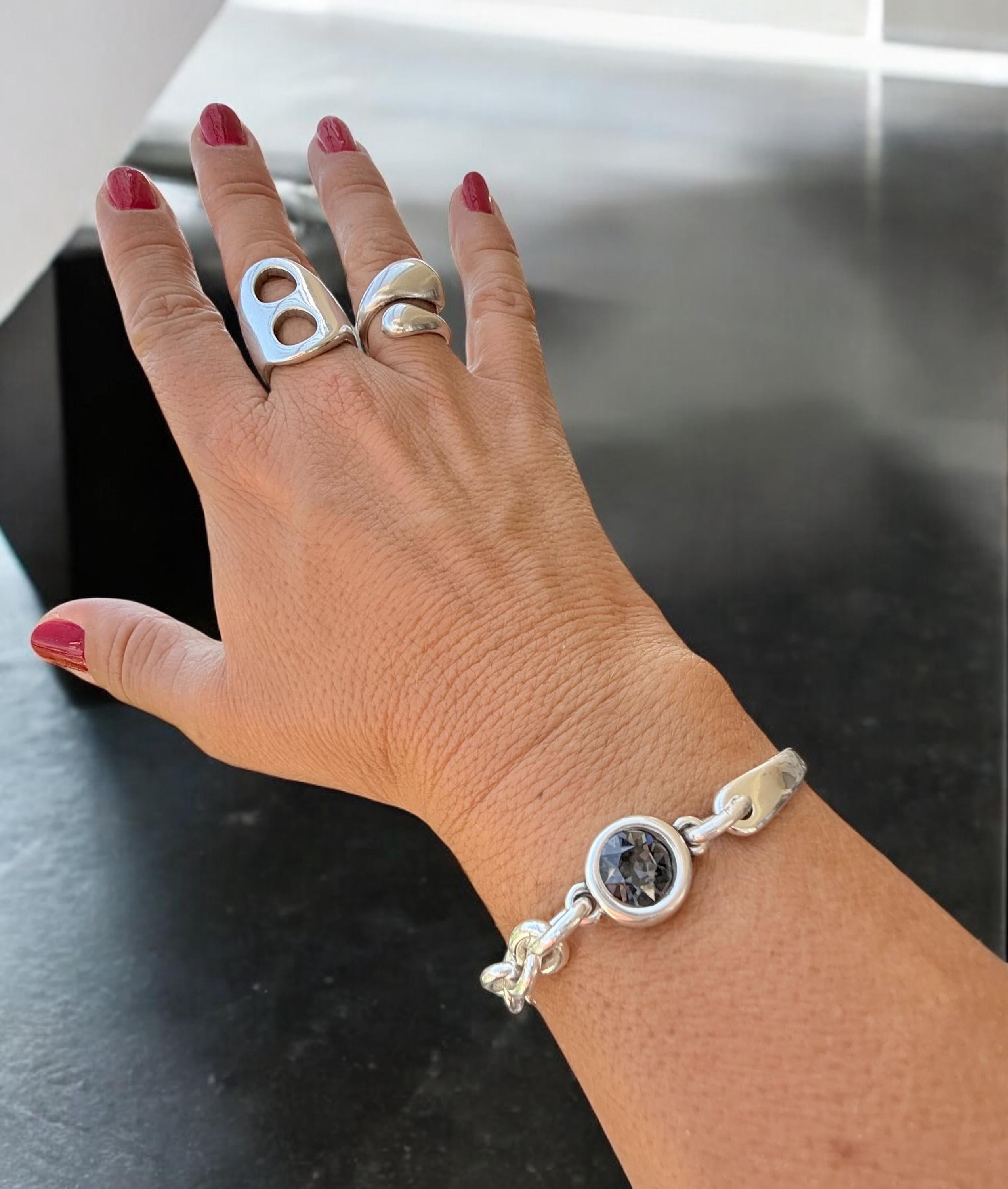 Chunky Half Cuff & Chain Silver Bracelet with Swarovski Crystal – Sculptural Statement Jewelry – Custom Fit -