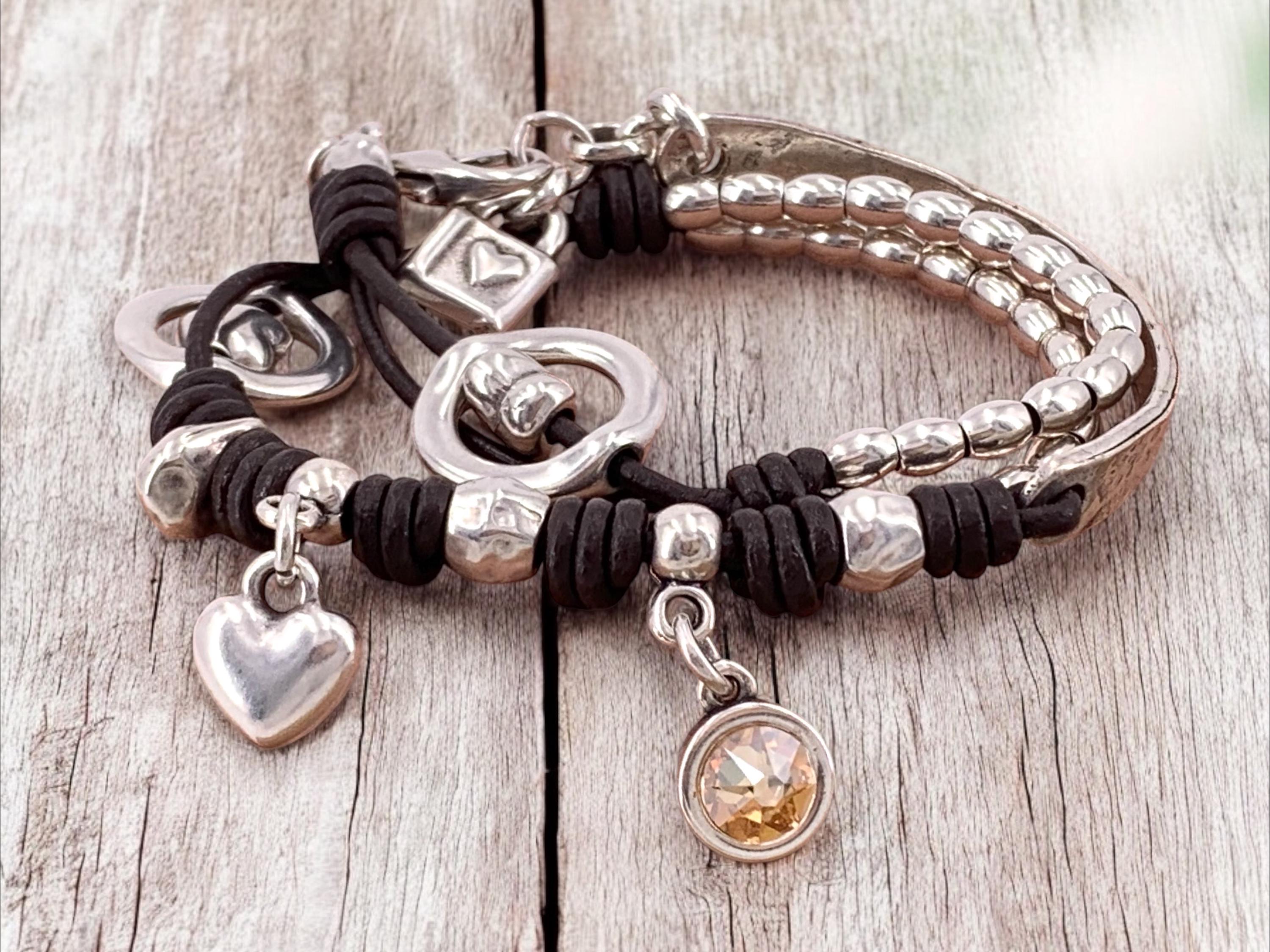 Boho Double-Wrap Leather Bracelet – Silver-Plated Zamak with Heart Charm & Swarovski Crystal – Handmade Hippie Jewelry