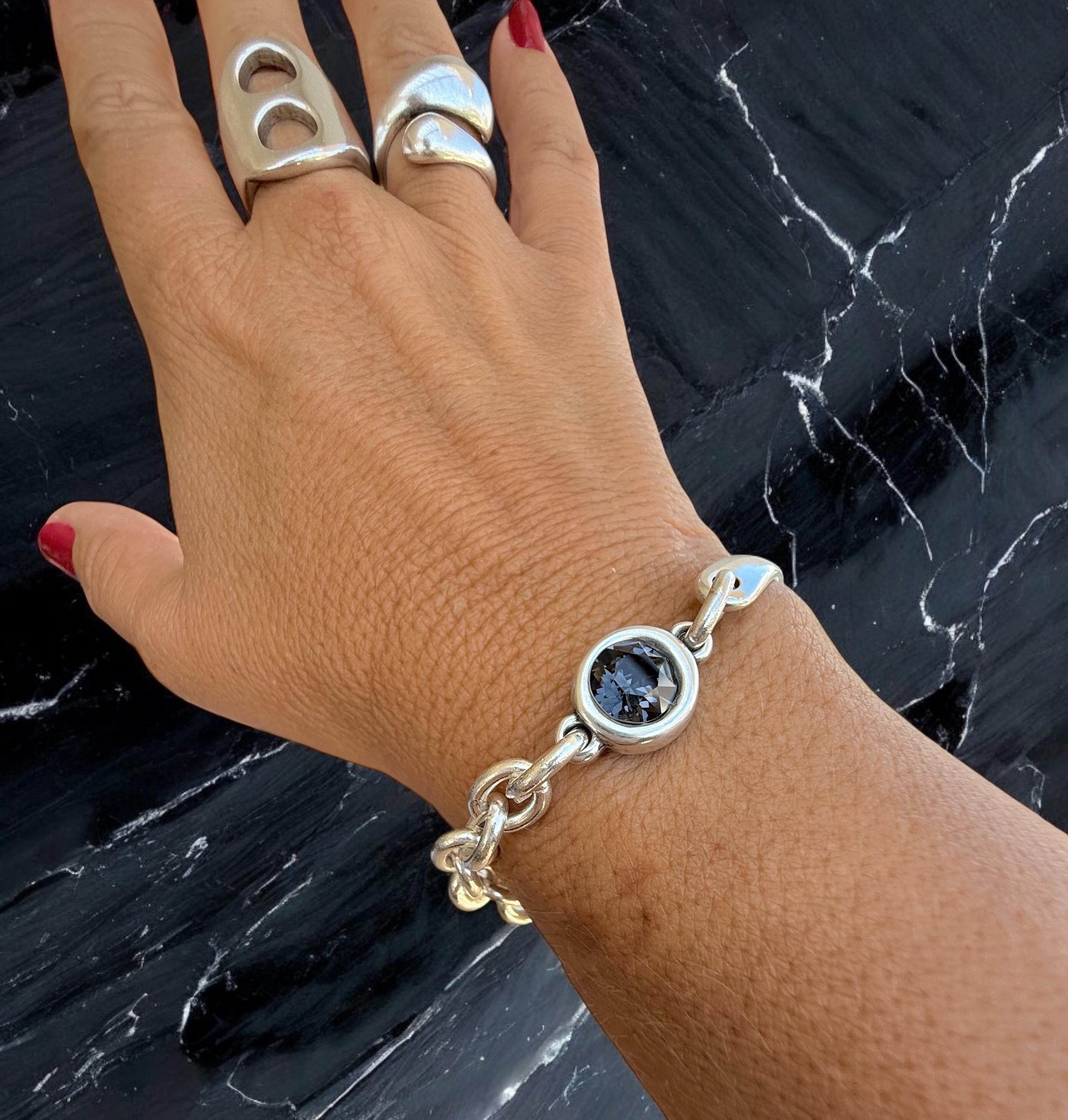 Chunky Half Cuff & Chain Silver Bracelet with Swarovski Crystal – Sculptural Statement Jewelry – Custom Fit -