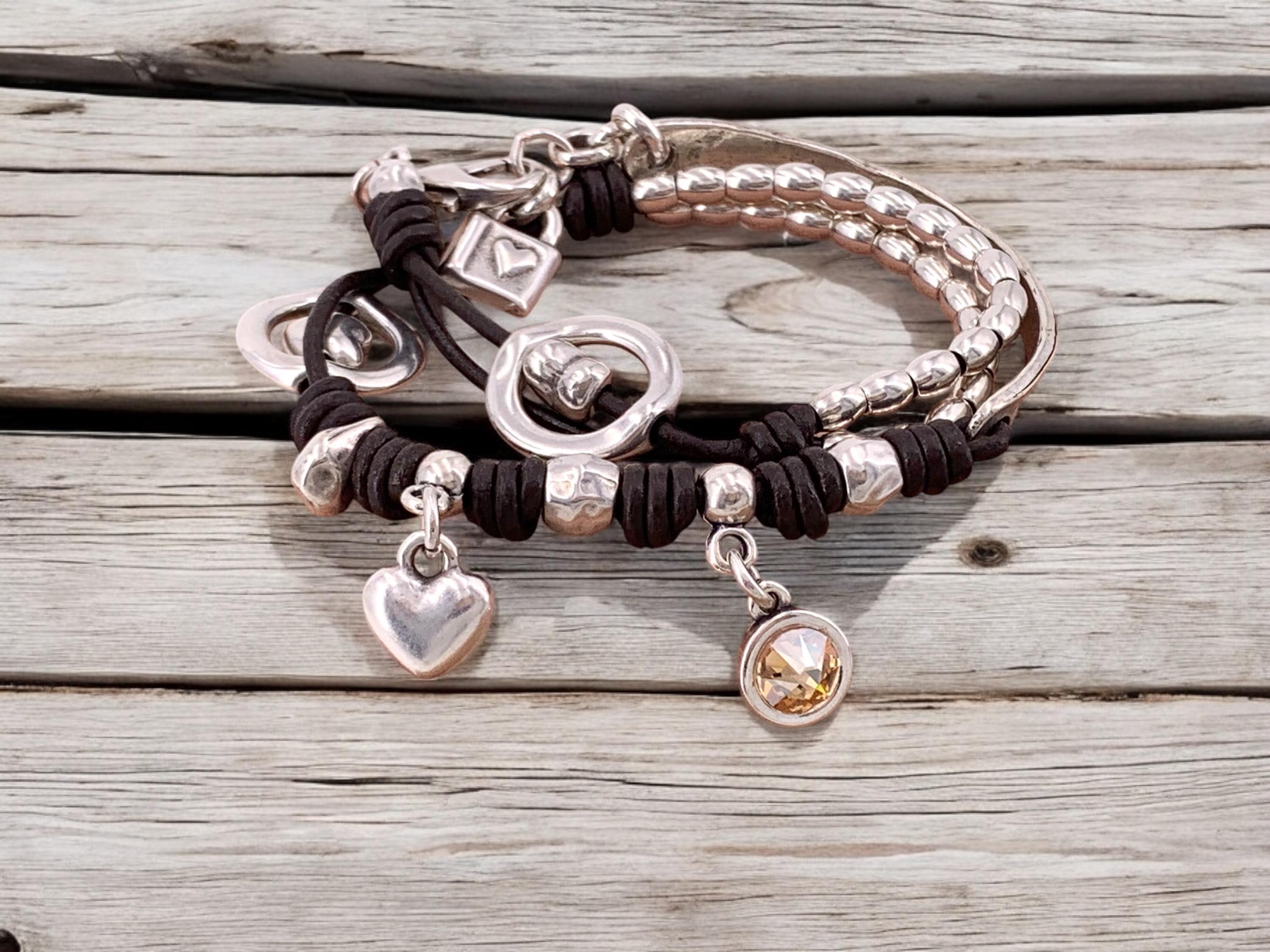 Boho Double-Wrap Leather Bracelet – Silver-Plated Zamak with Heart Charm & Swarovski Crystal – Handmade Hippie Jewelry