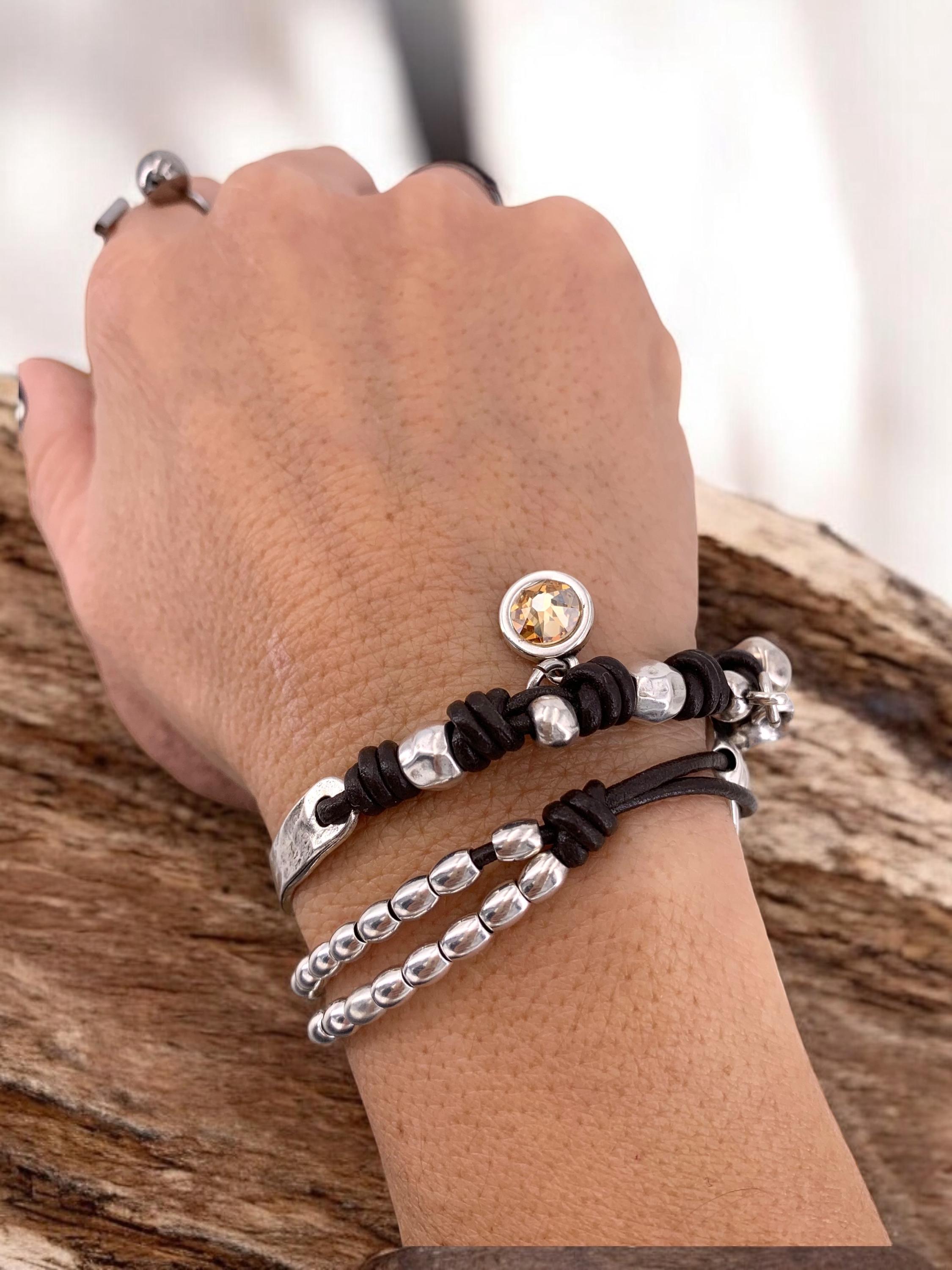 Boho Double-Wrap Leather Bracelet – Silver-Plated Zamak with Heart Charm & Swarovski Crystal – Handmade Hippie Jewelry