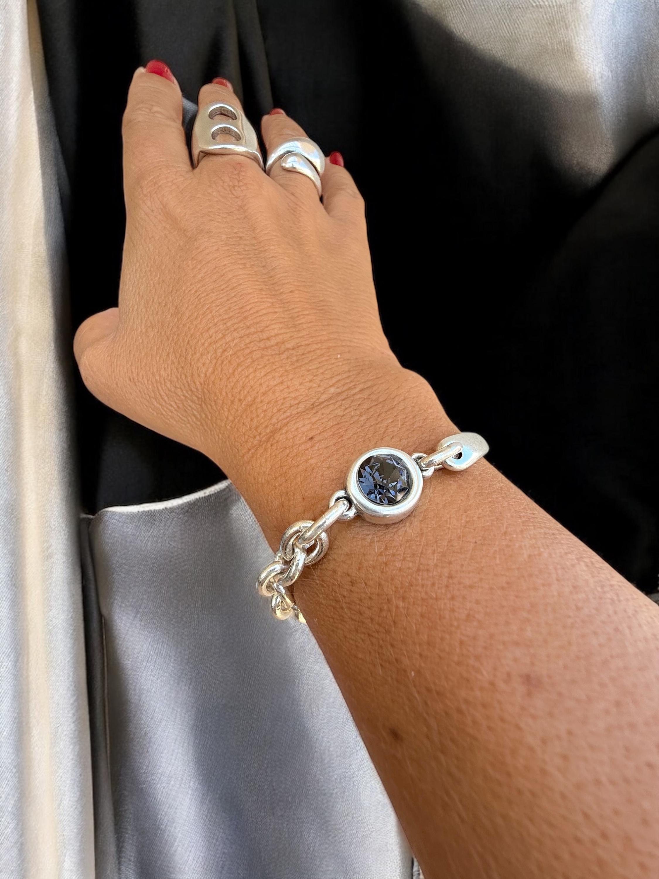 Chunky Half Cuff & Chain Silver Bracelet with Swarovski Crystal – Sculptural Statement Jewelry – Custom Fit -