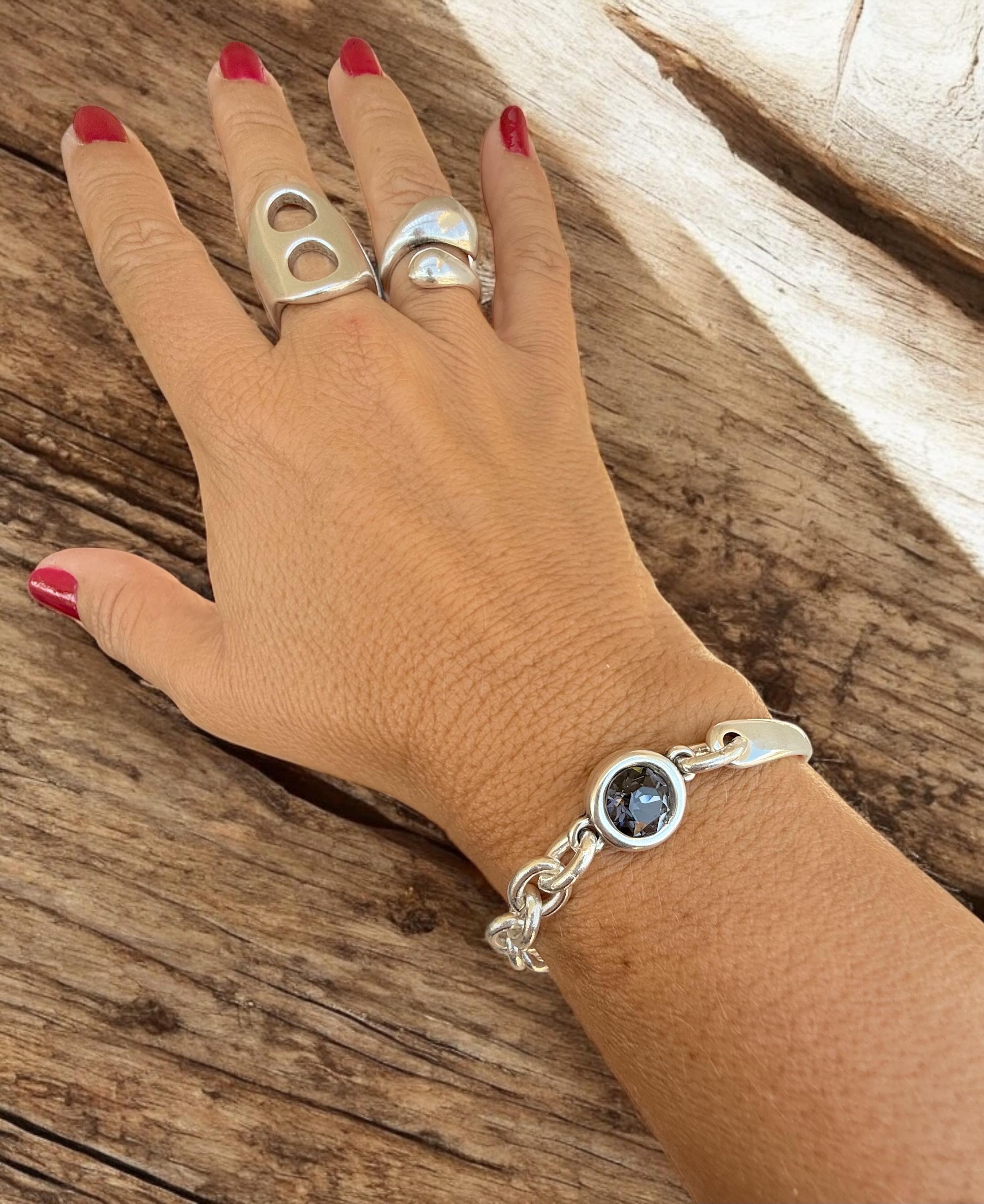 Chunky Half Cuff & Chain Silver Bracelet with Swarovski Crystal – Sculptural Statement Jewelry – Custom Fit -